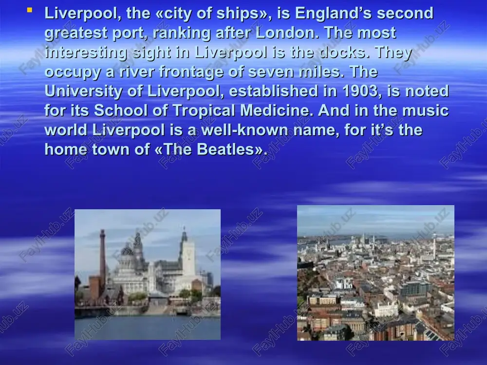 , and here he died in 1616. westminster palace, founded in 1050, is the place where coronations take place. it is the seat of the british parliament the oldest part of london is lud hill, where the city is originated. about a mile west of it there is westminster palace, where the king lived and the parliament met, and there is also westminster abbey, the coronation church. cambridge and oxford universities are famous centres of learning edinburgh is a city where the historic past lives side by side with the present. the first thing one can see is a very large hill in the middle of edinburgh – the rock. edinburgh castle stands on the rock. it is the most famous building in the city. edinburgh is famous for many things: its art galleries, museums, libraries. but it is especially famous for its festivals. in summer there is the edinburgh …