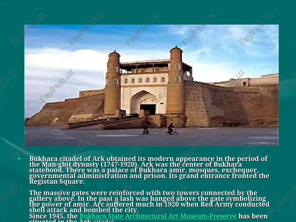 e. a blow of his staff created a well ("chash-ma"). its water remains pure to this day, and is considered to have healing powers. according to legend, a holy structure already existed here in the 12th century. the inscription on the portal states that today's structure was built by amir temur. characteristic of chashma-ayub is a conical dome, typical of khorezm architecture in the 13th and 14th centuries. most likely, khorezm masters invited by temur were the builders of chashma-ayub. chor-minor "chor-minor" ("four minarets") is a name of unusual madrassah of caliph niyazkul, built in 1807. madrassah has a courtyard with one-storied hudjras, column aivan of summer mosque and reservoir faced with stones. original is the entrance - four-arch dome structure with four corner towers under blue domes. three towers were used as utility rooms. the fourth has a stair going to the second floor into the dome hall of …