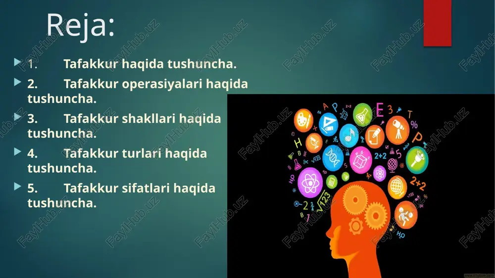 dan ko’rinib turibdi. analiz aqliy bo’lganligi kabi sintez ham amaliy xarakter kasb etadi. taqqoslash-shunday tafakkur operasiyasidirki, bu operasiya vositasi bilan ob’ektiv denyodagi narsa va hodisalarning bir-biriga o’xshashligi va bir-biridan farqlari aniqlanadi. xix-xx asrlarda yashagan olim ushinskiy taqqoslashga oid quyidagi so’zlarni aytadi: “agar siz tabiatni bir narsani ravshan tushunib olushni istasangiz, uning o’ziga juda o’xshash bi’lgan narsalardan tafovutini topingiz va uning o’ziga juda uzoq bo’lgan narsalar bilan o’xshashligini topingiz. ana shunda siz shu narsaning eng muhim belgilarini payqab olasiz, demak shu narsanintushinib olasiz”. narsa va hodisalar o’rtasidagi o’xshashlik yoki farqni, teng yoki tengsizliklarni, ayniyat yoki ziddiyatlarni aniqlashdan iborat bo’lgan fikr yuritish operasoyasi, bilishning dastlabki va zaruriy vositasi bo’lib hisoblanadi. taqqoslash operasiyasi 2 xil yo’l bilan amalga oshiriladi: amaliy aniq narsalarni bevosita solishtirish va nazariy tasavbur qilinayotgan obrazlarni va narsalarni ongda fikran taqqoslash. abstraksiyalash(lot.mavhumlashtirish)-bu operasiya yordamida moddiy dunyodagi narsa va hodisalarning muhim xususiyatlarini farqlab olib, ana shu xususiyatlardan narsa va xodisalarning muhim …