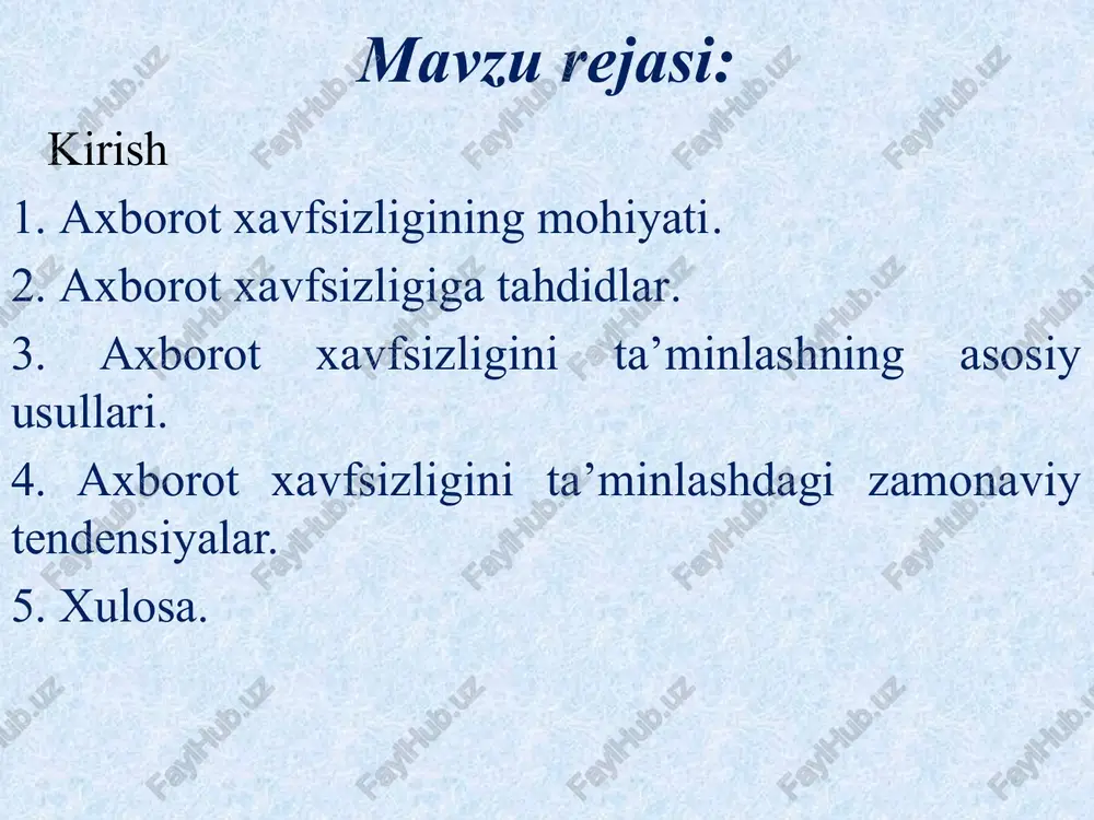 misol: ransomware (fayllarni bloklab, to‘lov talab qilish). ijtimoiy muhandislik (telefon orqali parolni o‘g‘irlash). 3. qanday qilib himoya qilamiz? (usullar) texnik choralar: antiviruslar, firewall, shifrlash (aes, rsa). ikki faktorli autentifikatsiya (2fa). qonuniy va tashkiliy choralar: parol siyosati (murakkab va yangilanishi kerak). xodimlarni tayyorlash (xavfsizlik bo‘yicha treninglar). fizik choralar: server xonalariga kirishni cheklash. biometrik identifikatsiya. misol: shifrlangan vpn – tarmoqda ma’lumotlarni yashirish. muntazam backup – ma’lumotlarni tiklash uchun zaxira nusxa. xulosa: nimani? → muhim ma’lumotlarni aniqlang. nimadan? → xavflarni tahlil qiling. qanday? → texnika, qonun va odamlardan foydalaning. soddaroq aytganda: "nimani, kimdan va qanday saqlash kerak?" degan savollarga javob topish – axborot xavfsizligining asosidir. axborot xavfsizligiga asosiy tahdidlar viruslar va zararli dasturlar (malware) misol: "troyan" dasturi – fayl sifatida yuklanib, parollarni o‘g‘irlaydi. fishing (phishing) misol: soxta elektron pochta orqali bank maʼlumotlarini olish. ddos hujumlari misol: saytga millionlab so‘rovlar yuborib, uni ishlamay qoldirish. parol hujumlari (brute force) misol: avtomatik dastur yordamida oddiy parollarni …