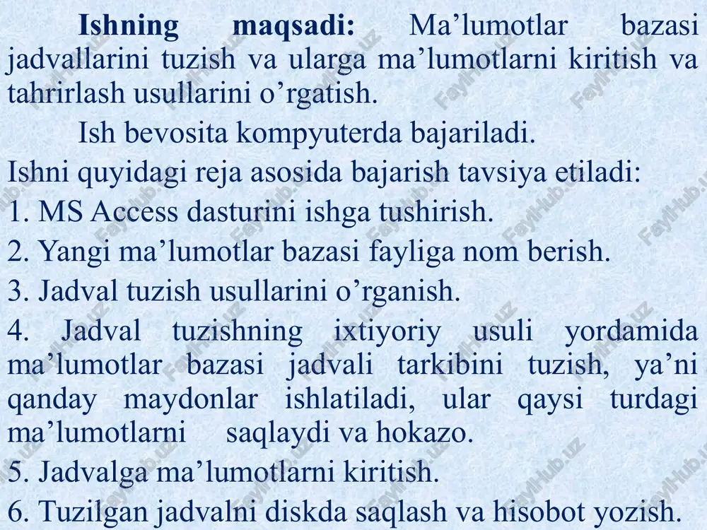 bazasi va ma’lumotlar bazasini boshqarish tizimlari kiradi. ma’lumotlar bazasini boshqarish tizimlari nima? ma’lumotlar bazasini boshqarish tizimlari deb, ma’lumotlar bazasini yaratish, ishlatish va ko’pchilik foyda­la­nuv­chilar tomonidan birgalikda foydalanishni ta’minlovchi til hamda dasturlar ta’minotlari to’plamiga aytiladi. ms access dasturi nima vazifani bajaradi? ms access dasturi ma’lumotlar bazasini yaratish, unda ma’lumotlarni saqlash, izlash va ishlashni avtomatlashtirishga mo’ljallangan. maydon nima? ma’lumotlar bazasidagi jadval ustunlari maydonni tashkil qiladi. jadvalning har bir ustuni bitta maydonga to’g’ri keladi. barcha maydonlar nomlanadi. maydonlar quyidagi xarakteristikalari bilan aniqlanadi: maydon nomi, tipi, maydon o’lchami va hokazo. maydon nomlariga qanday talablar qo’yiladi? - maydon nomi 64 ta belgidan oshmasligi kerak; - maydon nomi harflar, raqamlar, probel(bo’sh joy) va maxsus belgilardan iborat; - maydon nomi probel(bo’sh joy)dan boshlanmaydi; har bir maydon nomi aniq bo’lishi kerak. yozuv nima? jadvalning satrlari yozuvni tashkil qiladi. har bir satr bitta yozuvga to’g’ri keladi. access dasturi qanday ishga tushiriladi? access dasturini ishga tushirish microsoft office tarkibiga kiruvchi …