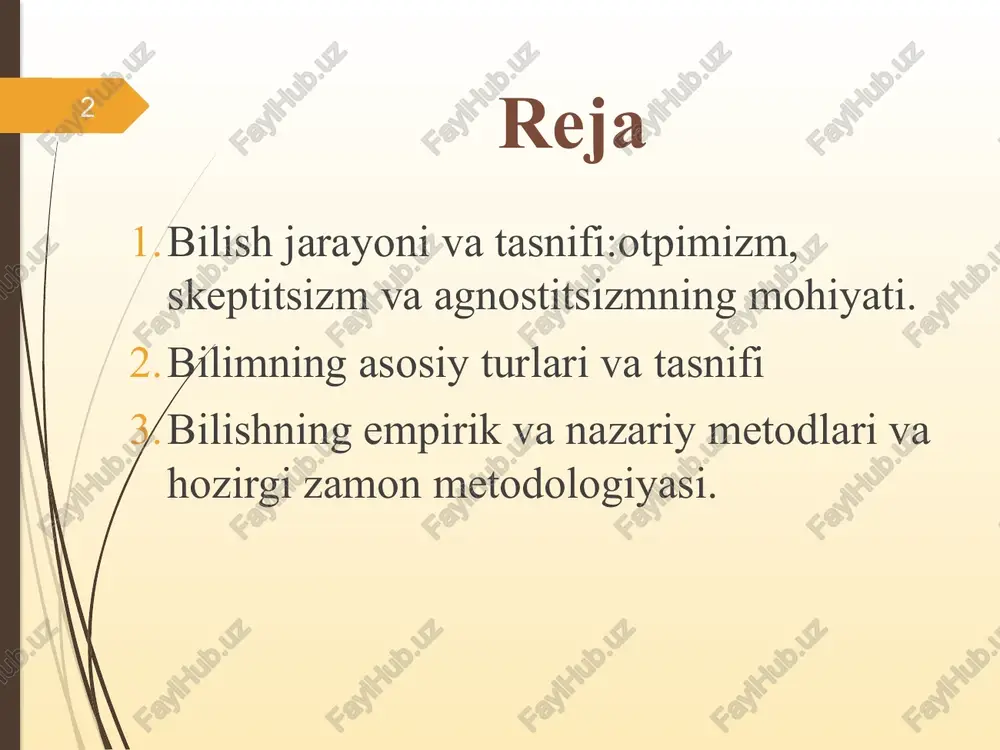 ni ta'kidlaydilar skeptiklar bilimning haqiqiyligiga shubha qiladilar agnostiklar, aksincha, buni rad etadilar gnoseologik relyativizm – borliq hodisalari va voqealarini bilish oʻzgaruvchanligi, oʻtkinchiligini mutlaqlashtiruvchi agnostisizmning yoʻnalishlaridan biri shu narsa haqiqatki, odamlar insoniyat tafakkuridan mutlaqo chetdagi muammolar, masalan, odamlarning yaralishi, aqliy olamning yoki ruhlar saltanatining tuzilishi xususidagi muammolarni muhokama qilish asnosida bekorga bahslashadilar va hech qachon aniq xulosaga kelolmaydilar. david yum bilim – bu haqiqatga mos va asoslangan ishonchdir haqiqiylik (muvofiqlik) sharti – «agar p haqiqiy boʻlsa, u holda s p ni biladi» ishonchlilik (e'tiqod, maqbullik) sharti – «agar s p ni bilsa, u holda s p ga ishonadi (uning mavjudligiga e'tiqodi komil boʻladi) asoslilik sharti «s p ni biladi, basharti u oʻzining p ga boʻlgan ishonchini asoslab bera olsa» gnoseologiyada bilim talqini s - subyekt - p - predmet olamni anglash, oʻzlashtirish usullari moddiy-texnikaviy – tirikchilik vositalarini ishlab chiqarish, mehnat, amaliyot ma'naviy (ideal) – sub'ekt va ob'ektning bilishga doir munosabatlari ular …