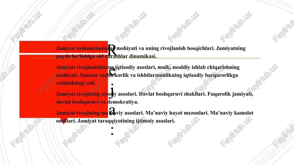 lan, l.feserbax din bilan bog’langan, ijtimoiy taraqqiyot sabablarini diniy ong taraqqiyotidan izlagan. fransuz mutafakkiri o.kant jamiyatning rivojlanish sabablarini insoniyat ma’naviy taraqqiyotining uch bosqichi (geologiya, pozitiv bosqichlar) bilan izohlagan. metafizik, k.markas jamiyatning rivojlanish sabablarini sinfiy kurash va inqilobiy o’zgarishlar bilan bog’lagan, barcha ijtimoiy hodisa va jarayonlarni sinfiy nuqtai nazardan tushuntirgan. jamiyat qonunlarining amal qilishi odamlar va ular uyushmalarining ongli faoliyati bilan bog’lanib ketadi. jamiyat qonunlarini ham eng umumiy, umumiy va xususiy (juz’iy) qonunlar tipologiyasiga ajratish mumkin. falsafa qonunlar va kategoriyalarida o’z ifodasini topgan o’zaro aloqadorliklar, bog’lanishlar ijtimoiy hayotda ham namoyon bo’ladi. binobarin, bu eng umumiy qonunlar, kategoriyalar, tamoyillarni bilish jamiyatni ilmiy boshqarish imkoniyatini tug’diradi. insoniyat tarixiy takomilida, sosial, ealtlar, millatlar hayotida o’xshash shart-sharoitlarda birdek amal qiladigan qonunlarni umumiy qonunlar deb atash mumkin. masalan, moddiy ishlab chiqarish bilan ma’naviy boyliklar yaratish o’rtasidagi mutanosiblik qonuni bozor munosabatlarining ikki tomni o’rtasidagi yoki ehtiyojlar bilan manfaatlar o’rtasidagi munosabatlarni anglatadi. muayyan jamiyat taraqqiyoti va tanazzulining aniq …