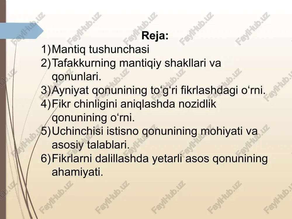mgi dunyoda mantiqiy qarashlar rivoji (mil av iii-i ming yilliklar) o'rta asrlarda mantiq ilmi taraqqiyoti (milodiy asr boshlaridan xv asrgacha) yangi davr g'arbiy evropasida mantiqiy ilmlar rivoji (xv-xix asrlar) hozirgi kunda mantiq ilmi taraqqiyoti formal mantiq dialektik mantiq matemetik mantiq mantiq shu ma’noda, logika ob’ektiv olamning rivojlanishi va o‘zgarishining inson tafakkuridagi in’ikos qonunlari va shakllari haqidagi fandir.demak, uning predmeti tafakkurning shakl va qonunlarini o‘rganishdan iborat.tafakkur uch xil: tushuncha, hukm, xulosa chiqarish shakllari mavjud. 1.tushuncha deb buyum va hodisalar xususiyatlarining umumiy va muhim belgilarining yaxlit holda ifodalanishiga aytiladi. masalan «odam» tushunchasini olaylik. uning birinchi xususiyati - mehnat qurollarini, vositalarini tayyorlash, ikkinchi xususiyati - ijtimoiy hayot mahsuli ekanligi, uchinchi xususiyati ongli mavjudod bo‘lishi. demak, tushuncha odam tafakkuridagi in’ikos etish shakllaridan biri, uning yordamida hodisalarning, jarayonlarning mohiyati bilib olinadi, ularning muhim tomonlari va bilimlari umumlashtiriladi. 2.hukm esa buyum va hodisalarning belgilari to‘g‘risida dastlabki yoki inkor etib aytilgan fikrdir. masalan, fuqarolarning iqtisodiy ahvolini yaxshilash …