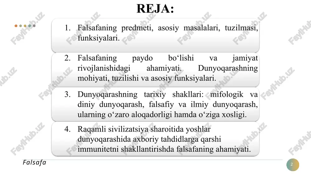 i; texnika -texnologiyalarning inson pragmatik ehtiyojlariga javob sifatidagi evolyusiyasi milliy qadriyatlar, madaniyat va ommaviy madaniyatning o‘zaro aloqasi va farqi, dunyoni bilish ta’lim falsafasi va falsafa ta’limining dunyoqarashni shakllantirishdagi o‘rni o‘zbekistondagi islohotlar jarayonida to‘liq namoyon qilish, ijtimoiy va professional mas’uliyatni va jamiyat taraqqiyotiga munosib hissa qo`shish tuyg`usini shakllantirishdan iborat falsafaning amaliy ahamiyati internet ijtimoiy tarmoqlarida axborotni tanlash,o’zining kasbiy faoliyatida mustaqil qarorlar qabul qilishi,raqobatbardosh umumkasbiy tayyorgarlikka ega bo’lishi kiberzo’ravonlikka qarshi kurashishda mafkuraviy immunitetni shakllangan bo’lishi,globallashuv va barqaror rivojlanish asoslari, korrupsiya global ma’naviy inqiroz oqibati ekanligini bilish,ruhiy va tana sofligi, tanqidiy tafakkur imkoniyatlaridan unumli foydalanish,ijtimoiy nazoratni oshirish bilan ahamiyatli. falsafa 6 falsafa tarixi va kelib chiqishi falsafa–pifogor “falsafa” atamasiga «filo» - sevaman, «sofiya» - donolik deb ta'rif bergan.faylasuf –olimpiya o`yinlari misolida tushuntirib beradi. «anjumanga keladigan bir gurux kishilar bellashish, kuch sinashish, ya'ni o`zi va o`zligini namoyon etish uchun; ikkinchi gurux, savdo-sotiq qilish, boyligini ko`paytirish uchun; uchinchisi esa, o`yindan ma'naviy oziq olish, xaqiqatni bilish …