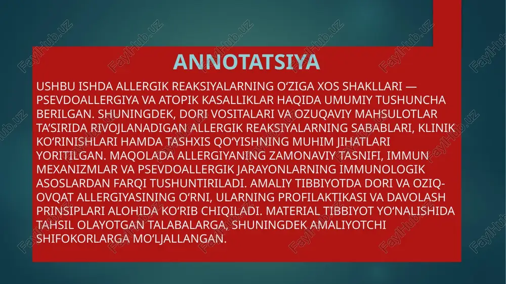an yallig'lanish vositachilarining chiqishi bilan darhol boshlanadi. ko'pincha psevdoallergiya tanaga kiradigan oziq-ovqat, qo'shimchalar va dori-darmonlarda uchraydi. statistikaga ko'ra, bu psevdoallergik reaksiyalar eng keng tarqalgan bo'lib, hayot davomida aholining deyarli 70 foizida uchraydi (haqiqiy allergiya kamroq kuzatiladi – kattalar va bolalarning 1-10 foizida). *psevdoallergik reaksiyalarning rivojlanishiga yordam beradigan uchta asosiy omil mavjud. bu gistamin almashinuvining buzilishi, komplementning yetarli darajada faollashmasligi va yog ' kislotalari almashinuvining buzilishi. ko'pincha psevdoallergiya gistamin almashinuvining buzilishi, gistaminoliberatsiyasining ko'payishi, gistaminopeksiyaning pasayishi, disbakterioz va gistamin o'z ichiga olgan mahsulotlarning ortiqcha ishlatilishi tufayli yuzaga keladi. *gistaminning kuchli chiqarilishi semiz hujayralari va bazofillarga liberator moddalar: tuxum va dengiz mahsulotlari, shokolad, qulupnay, yong'oq, konservalangan mahsulotlar va boshqalar ta'sirida sodir bo'ladi. bundan tashqari, gistamin turli xil jismoniy omillar ta'sirida hujayralardan ajralib chiqishi mumkin.yuqori va past harorat, tebranish, ultrabinafsha nurlanish. kislotalar va ishqorlarning kimyoviy ta'siri, dorilar. *psevdoallergiya ko'pincha oshqozon-ichak traktining surunkali kasalliklarida rivojlanadi, bu oshqozon kislotasining buzilishi va oshqozon va ichak shilliq qavatining …