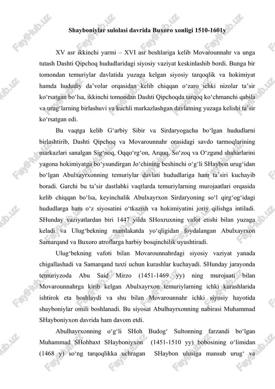 abirasi muhammad shayboniyxon davrida ham davom etdi. abulhayrxonning o‘g‘li shoh budog‘ sultonning farzandi bo‘lgan muhammad shohbaxt shayboniyxon (1451-1510 yy) bobosining o‘limidan (1468 y) so‘ng tarqoqlikka uchragan shaybon ulusiga mansub urug‘ va qabilalarni nafaqat qaytadan birlashtirishga, balki uni kuchli va markazlashgan, harbiy jihatdan qudratli davlatga aylantirishga erishdi. ayni vaqtda movarounnahrga chegaradosh bo‘lgan va sirdaryo bo‘ylab joylashgan o‘tror, sayram, turkiston (yassi) hududlarini ham o‘z ta’siriga oldi. bu vaqtda temuriylar orasida ichki nizolar kuchayib boradi. 1494 yilda vafot etgan sulton ahmad (1451-1494 yy) o‘rniga ukasi sulton mahmud (1452-1495 yy) samarqand taxtini egallaydi, biroq ko‘p o‘tmay boysung‘ur mirzo (1477-1499 yy) tomonidan taxtdan tushiriladi. bu hol samarqand va uning atrofidagi siyosiy kuchlarning ikkiga bo‘linishiga, ayni vaqtda muhammad hoja (hoja ahror avlodidan) va hoja yah’yo kabi din peshvolarining ham har ikki siyosiy kuchlarni qo‘llab quvvatlashiga olib keladi. siyosiy kurash bilan bir vaqtda mafkuraviy kurash va qarama-qarshilik ham avjiga chiqadi. 1496-1497 yillarda samarqand taxti uchun boysung‘ur mirzo, …