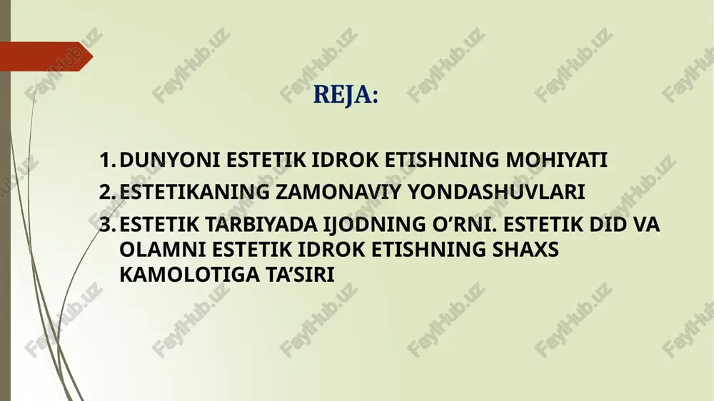 vedalar va upanishadlardagi nafosatli ibtidolar, g'oyalar qadimgi hind dostonlari «mahobxarat» va «ramayana» badiiyati hamda nafosatiga sezilarli ta'sir ko'rsatdi. xitoy 🠶 shitszin («qo'shiqlar kitobi»); 🠶 ieroglif (belgilar odamlarning reallikka nafosatli munosabatini belgilagan); 🠶 daochilik yo'nalishi (fazo (kosmos) va tabiatning azaliy va abadiy go'zalligi); 🠶 konfutsiychilik yo'nalishi (xulqiy go'zallik muammosini o'rtaga tashlaydi). avesto 🠶«got»lardagi go'zallik haqidagi tasavvur ilohiy nuqtai-nazardan adllikka, mezoniylikka, mutanosiblikka, ya'ni uyg'unlik tushunchasining ilk ibtidoiy ko'rinishlariga borib taqaladi. 🠶so'zni muqaddaslashtirish, fikr – so'z - a'mol uchligi, tabiatga muhabbat, atrof-muhit go'zalligiga e'tibor. qadimgi yunon estyetikasi aloqasini 🠶 axloq va go'zallikning uzviy ko'rsatadi; 🠶 uning ideali ma'nan va jisman go'zal inson; in'ikos 🠶 inson - san'atning asosiy obekti; 🠶 san'at taqlid orqali hayotni ettirishdir. suqrot (mil. avv. 469-399 yy) g'oyalar muammosini o'rtaga tashlaydi. asl go'zallik his etiluvchi narsalar dunyosida bo'lmaydi, u g'oyalar olamiga taalluqli. san'atkor o'ziga xos nusxa ko'chiruvchi. san'at bilish quroli bo'la olmaydi, aksincha, u aldamchi ro'yo, asl olamning mohiyatiga etib …