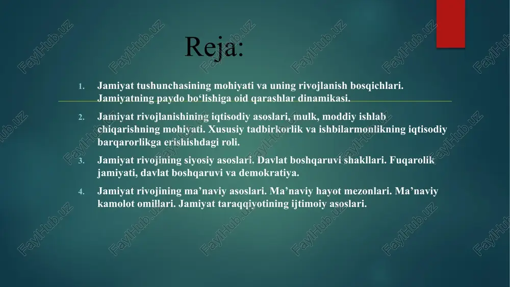 lan, l.feserbax din bilan bog’langan, ijtimoiy taraqqiyot sabablarini diniy ong taraqqiyotidan izlagan. fransuz mutafakkiri o.kant jamiyatning rivojlanish sabablarini insoniyat ma’naviy taraqqiyotining uch bosqichi (geologiya, pozitiv bosqichlar) bilan izohlagan. metafizik, k.markas jamiyatning rivojlanish sabablarini sinfiy kurash va inqilobiy o’zgarishlar bilan bog’lagan, barcha ijtimoiy hodisa va jarayonlarni sinfiy nuqtai nazardan tushuntirgan. jamiyat qonunlarining amal qilishi odamlar va ular uyushmalarining ongli faoliyati bilan bog’lanib ketadi. jamiyat qonunlarini ham eng umumiy, umumiy va xususiy (juz’iy) qonunlar tipologiyasiga ajratish mumkin. falsafa qonunlar va kategoriyalarida o’z ifodasini topgan o’zaro aloqadorliklar, bog’lanishlar ijtimoiy hayotda ham namoyon bo’ladi. binobarin, bu eng umumiy qonunlar, kategoriyalar, tamoyillarni bilish jamiyatni ilmiy boshqarish imkoniyatini tug’diradi. insoniyat tarixiy takomilida, sosial, ealtlar, millatlar hayotida o’xshash shart-sharoitlarda birdek amal qiladigan qonunlarni umumiy qonunlar deb atash mumkin. masalan, moddiy ishlab chiqarish bilan ma’naviy boyliklar yaratish o’rtasidagi mutanosiblik qonuni bozor munosabatlarining ikki tomni o’rtasidagi yoki ehtiyojlar bilan manfaatlar o’rtasidagi munosabatlarni anglatadi. muayyan jamiyat taraqqiyoti va tanazzulining aniq …