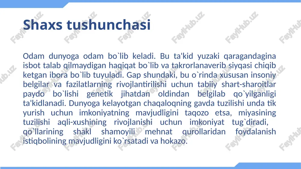 . individning alohida sotsial fazilati sifatidagi shaxsning xo`sh nima? eng avvalo, agar biz shaxs individning fazilati ekanligini tan oladigan bo`lsak, bu bilan biz individ va shaxsning birligini tasdiqlagan va ayni pantda bu tushunchalarning bir-biriga o`xshashligini inkor etgan bo`lamiz (misol uchun, yorug`likni sezuvchanlik fotoplenkaning xususiyati hisoblanadi, lekin fotoplenka - bu yorug`likni sezuvchanlik, yoki yorug`likni sezuvchanlik - bu fotoplenka degan ma'noni anglatmaydi). «individ» va «shaxs» tushunchalarining o`xshashligi emas balki birligi haqidagi fikr quyidagicha tarzda o`rtaga qo`yilishi mumkin bo`lgan savolga javob berilishini taqozo qiladi: shaxs bo`lib hisoblanmagan individning mavjud bo`lishi yoki aksincha individning konkret sohibi sifatida undan tashqarida va usiz mavjud bo`lish fakti ko`rsatilishi mumkinmi? taxminiy tarzda fikr yuritilgan taqdirda unisi ham va bunisi ham bo`lishi mumkin. . agar kishilik jamiyatidan tashqarida voyaga etgan individni hayolan tasavvur qilinadigan bo`lsa, bu holda u birinchi bor odamlarga duch kelib, biologik jonzotga xos individual xususiyatlardan bo`lak hech qanday, yuqorida aytilganidek, kelib chiqishi jihatidan hamisha ijtimoiy-tarixiy xarakter …