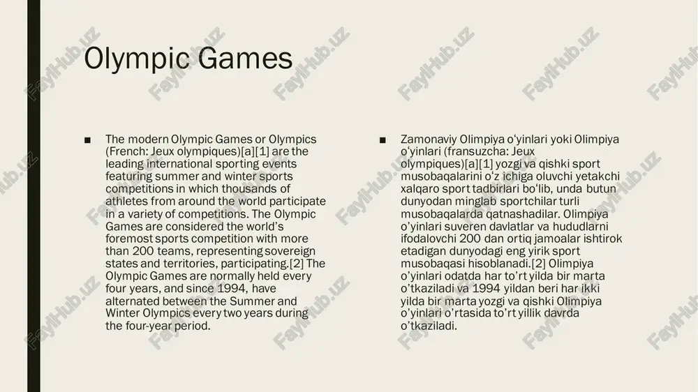 limpiya qo’mitasiga (xoq) asos solib, 1896 yilda afinada bo’lib o’tgan birinchi zamonaviy o’yinlarga olib keldi. xoq olimpiya harakatining (olimpiada o’yinlarida ishtirok etuvchi barcha yuridik va jismoniy shaxslarni qamrab olgan) boshqaruv organi hisoblanadi. uning tuzilishi va vakolatlarini belgilovchi olimpiya xartiyasi. ■ the evolution of the olympic movement during the 20th and 21st centuries has resulted in several changes to the olympic games. some of these adjustments include the creation of the winter olympic games for snow and ice sports, the paralympic games for athletes with disabilities, the youth olympic games for athletes aged 14 to 18, the five continental games (pan american, african, asian, european, and pacific), and the world games for sports that are not contested in the olympic games. the ioc also endorses the deaflympics and the special olympics. the ioc has needed to adapt to a variety of economic, political, and technological advancements. the abuse of amateur rules …