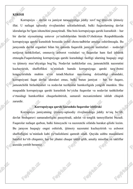 yida ushbu masalalarni batafsil ko‘rib chiqamiz, har bir jihatni chuqur tahlil qilib, amaliy misollar va takliflar asosida yoritib beramiz. fuqarolarning korrupsiyaga nisbatan huquqiy ongini oshirish yo‘llari fuqarolarning korrupsiyaga nisbatan huquqiy ongi – bu korrupsiya jinoyatlarining mohiyatini anglash, o‘z huquqlarini bilish va ularni himoya qilish qobiliyati. huquqiy ong past bo‘lganda, fuqarolar korrupsiyani oddiy "xizmat ko‘rsatish" deb qabul qilishi mumkin, bu esa uning tarqalishiga olib keladi. shu sababli, huquqiy ongni oshirish yo‘llari korrupsiyaga qarshi kurashning asosiy poydevori hisoblanadi. bu jarayonni samarali tashkil etish uchun bir qator strategik yondashuvlarni qo‘llash zarur.birinchi navbatda, ta’lim tizimi orqali huquqiy ongni shakllantirishga e’tibor qaratish lozim. maktab va oliy o‘quv yurtlarida korrupsiya mavzusidagi maxsus darslar joriy etilishi kerak. masalan, o‘quv dasturlariga "huquqiy etika va korrupsiyaga qarshi kurash" nomli modul kiritilsa, talabalar yoshligidan korrupsiyaning ijtimoiy zararli tomonlarini o‘rganib, uni rad etish ko‘nikmasini shakllantiradi. bu nafaqat nazariy bilimlar, balki amaliy mashg‘ulotlar – masalan, rol o‘yinlari yoki simulyatsiyalar orqali amalga oshirilishi …