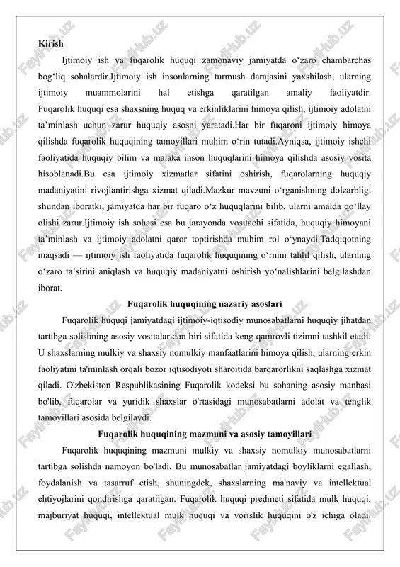 aydi. fuqarolik huquqining mazmuni va asosiy tamoyillari fuqarolik huquqining mazmuni mulkiy va shaxsiy nomulkiy munosabatlarni tartibga solishda namoyon bo'ladi. bu munosabatlar jamiyatdagi boyliklarni egallash, foydalanish va tasarruf etish, shuningdek, shaxslarning ma'naviy va intellektual ehtiyojlarini qondirishga qaratilgan. fuqarolik huquqi predmeti sifatida mulk huquqi, majburiyat huquqi, intellektual mulk huquqi va vorislik huquqini o'z ichiga oladi. masalan, mulk huquqi orqali shaxslar o'z mulkini daxlsiz egallab, undan foydalanish va uni boshqalariga o'tkazish huquqiga ega bo'ladi. bu munosabatlar nafaqat iqtisodiy, balki ijtimoiy barqarorlikni ta'minlashda muhim rol o'ynaydi, chunki ular bozor mexanizmlarini faollashtirib, raqobatni kuchaytiradi.fuqarolik huquqining mazmuni tizimiy jihatdan quyidagi asosiy institutlarni qamrab oladi: sub'ektlar (fuqarolar va yuridik shaxslar), obyektlar (mol-mulk, ishlar va intellektual faoliyat natijalari), huquq va majburiyatlarning vujudga kelish asoslari (shartnomalar, qonun hujjatlari, sud qarorlari). bu institutlar orqali huquqiy munosabatlarning dinamikasi ta'minlanadi, ya'ni ularning paydo bo'lishi, o'zgarishi va tugashi tartibga solinadi. masalan, shartnomalar fuqarolik huquqining asosiy vositasi bo'lib, taraflarning erkin kelishuvi asosida huquq va …