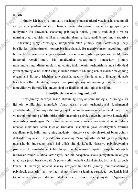 ashi, identikligi va jamiyatga moslashuvini inqirozlar orqali hal qilish sifatida ko'radi. nazariya psixologiyaning psixoanalitik yo'nalishidan kelib chiqqan bo'lib, u inson hayotini bosqichma-bosqich inqirozlar zanjiri sifatida tasvirlaydi, har bir bosqichda shaxs jamiyatdan keladigan talablarga javob berish orqali o'z potentsialini ochadi yoki aksincha, buzilishlarga duch keladi. bu nazariya nafaqat shaxsiy rivojlanishni, balki ijtimoiy munosabatlarning psixologik asoslarini ham yoritadi, chunki shaxs va jamiyat o'rtasidagi bog'lanish ikki tomonlama: jamiyat shaxsni shakllantiradi, shaxs esa jamiyatni o'zgartiradi. psixoijtimoiy nazariya zamonaviy psixologiyada, pedagogika va sotsiologiyada keng qo'llaniladi, chunki u insonning hayotiy muammolarini tizimli tahlil qilishga imkon beradi. psixoijtimoiy nazariyaning kelib chiqishi va rivojlanish bosqichlari psixoijtimoiy nazariyaning kelib chiqishi xx asr boshlaridagi psixoanalitik harakatga borib taqaladi, ammo uning asosiy shakllantiruvchisi amerikalik psixolog erik erikson (1902–1994) hisoblanadi. eriksonning nazariyasi zigmund freydning psixoseksual rivojlanish g'oyalaridan ilhomlangan, lekin freydning bolalik davriga cheklangan yondashuvini butun umr davom etadigan ijtimoiy-psixologik jarayonga kengaytirgan. freyd shaxsning rivojlanishini biologik instinktlar (id, ego, superego) orqali tushuntirgan bo'lsa, …
