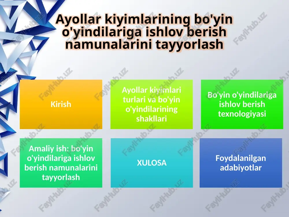 va boshqalar) bo'yin o'yindilari ayollar kiyimlarining muhim elementi bo'lib, ular kiyimning estetik va funksional jihatlarini belgilaydi. shakllari bo'yicha turli xil bo'lib, har biri o'ziga xos xususiyatlarga ega.dumaloq bo'yin o'yindisi (round neckline) eng klassik shakllardan biri. u yumaloq shaklda bo'lib, bo'yin chizig'ini yumshoq ta'kidlaydi. bu shakl ko'pchilik tanasi turlariga mos keladi va kundalik kiyimlarda keng qo'llaniladi. tarixan, dumaloq bo'yin o'yindisi 19-asrda mashhur bo'lgan va hozirgi kunda t-shirt va ko'ylaklarda ishlatiladi. bo'yin o'yindilariga ishlov berish texnologiyasi bo'yin o'yindilariga ishlov berish usullari uch turga bo'linadi: qo'lda, mashinada va kombinatsiyalangan.qo'lda usul an'anaviy bo'lib, igna va ip bilan amalga oshiriladi. bu usulda bo'yin o'yindisini burish va tikish qo'lda bajariladi. afzalliklari: noziklik va individual dizayn. kamchiliklari: vaqt talab qiladi.mashinada usul zamonaviy sewing machines bilan amalga oshiriladi. zigzag yoki straight stitch ishlatiladi. afzalliklari: tezlik va aniqlik. kamchiliklari: nozik matolarda zarar berishi mumkin.kombinatsiyalangan usul ikkalasini birlashtiradi. masalan, mashinada asosiy tikish, qo'lda bezak.chuqur tahlil: qo'lda usul couture modada ishlatiladi, …