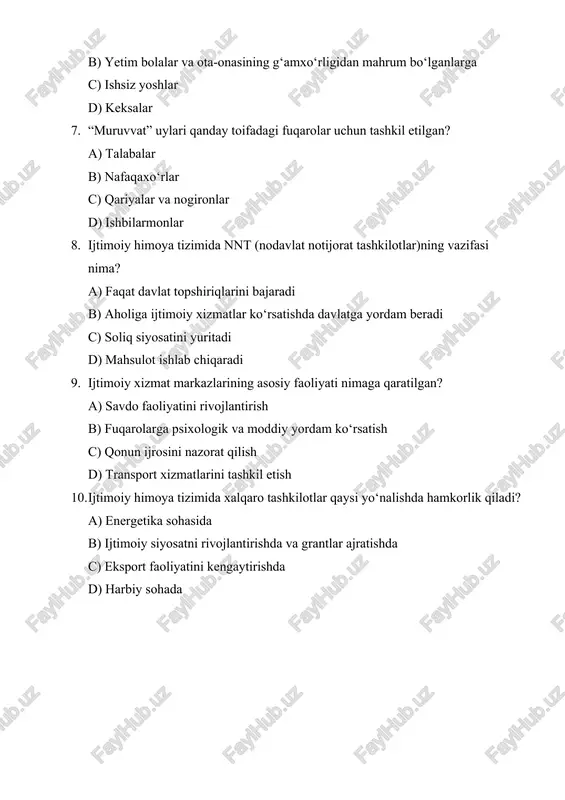 ar ajratishda c) eksport faoliyatini kengaytirishda d) harbiy sohada javoblar: 1. b 2. b 3. b 4. b 5. b 6. b 7. c 8. b 9. b 10. b