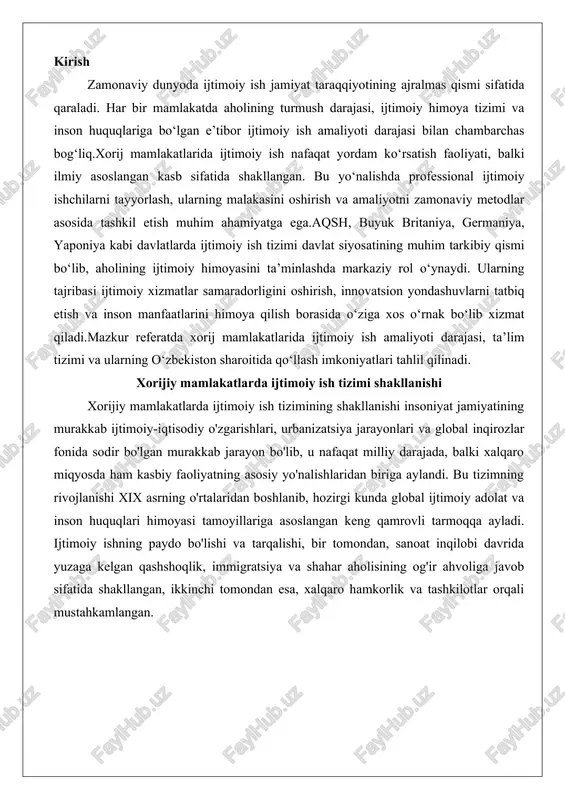 davrida yuzaga kelgan qashshoqlik, immigratsiya va shahar aholisining og'ir ahvoliga javob sifatida shakllangan, ikkinchi tomondan esa, xalqaro hamkorlik va tashkilotlar orqali mustahkamlangan. ijtimoiy ish kasbining xalqaro miqyosda rivojlanish bosqichlari ijtimoiy ish kasbining xalqaro miqyosda rivojlanishi bir necha asosiy bosqichlarga bo'linadi, har biri o'z davrining ijtimoiy-iqtisodiy sharoitlari va global voqealari bilan chambarchas bog'liq. birinchi bosqich, ya'ni «xayriya va yordam tizimlarining shakllanishi (xix asr o'rtalari – oxiri)», sanoat inqilobining oqibatlariga javob sifatida paydo bo'ldi. bu davrda yevropada va aqshda urbanizatsiya va immigratsiya kuchayib, qashshoqlik va shahar aholisining og'ir ahvoli keskinlashdi. masalan, 1843-yilda aqshda "kambag'allarning ahvolini yaxshilash jamiyati" tashkil etildi, bu tashkilot shaharlarning qashshoqlik muammolariga qarshi kurashni boshladi. 1853-yilda esa bolalar yordam jamiyati faoliyat boshladi, u bolalar himoyasi va yotoqxonalarda yashovchi oilalarga yordam berishga e'tibor qaratdi. yevropada, xususan, angliyada va fransiyada xayriya jamiyatlari (charity organizations) rivojlandi, ular qashshoqlikni "ilmiy yondashuv" bilan bartaraf etishga harakat qilishdi. 1877-yilda aqshda birinchi xayriya tashkiloti jamiyati tuzildi, bu …