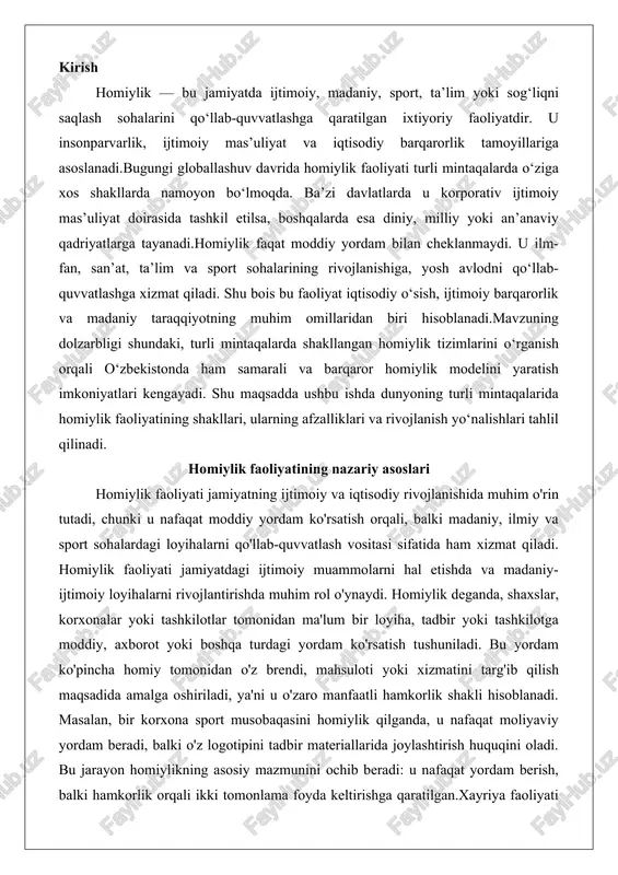 am ko'pincha homiy tomonidan o'z brendi, mahsuloti yoki xizmatini targ'ib qilish maqsadida amalga oshiriladi, ya'ni u o'zaro manfaatli hamkorlik shakli hisoblanadi. masalan, bir korxona sport musobaqasini homiylik qilganda, u nafaqat moliyaviy yordam beradi, balki o'z logotipini tadbir materiallarida joylashtirish huquqini oladi. bu jarayon homiylikning asosiy mazmunini ochib beradi: u nafaqat yordam berish, balki hamkorlik orqali ikki tomonlama foyda keltirishga qaratilgan.xayriya faoliyati esa homiylikdan tubdan farq qiladi. xayriya – bu sof altruistik harakat bo'lib, unda yordam beruvchi shaxs yoki tashkilot hech qanday moddiy yoki reklama manfaatini kutmaydi. xayriya ko'pincha ijtimoiy zaif qatlamlarga, kasalxonalarga, maktablarga yoki tabiiy ofatlardan jabrlanganlarga bevosita yordam ko'rsatish shaklida namoyon bo'ladi. masalan, bir shaxs yoki jamg'arma xayriya orqali bolalar uyinga moddiy yordam yuborsa, bu harakat faqat insonparvarlik va jamiyat oldidagi mas'uliyatdan kelib chiqadi. xayriya faoliyatining mazmuni jamiyatdagi adolatni ta'minlash va ijtimoiy tenglikni oshirishga qaratilgan bo'lib, u ko'pincha diniy, axloqiy yoki insoniy qadriyatlar asosida shakllanadi.homiylik va xayriya o'rtasidagi asosiy …