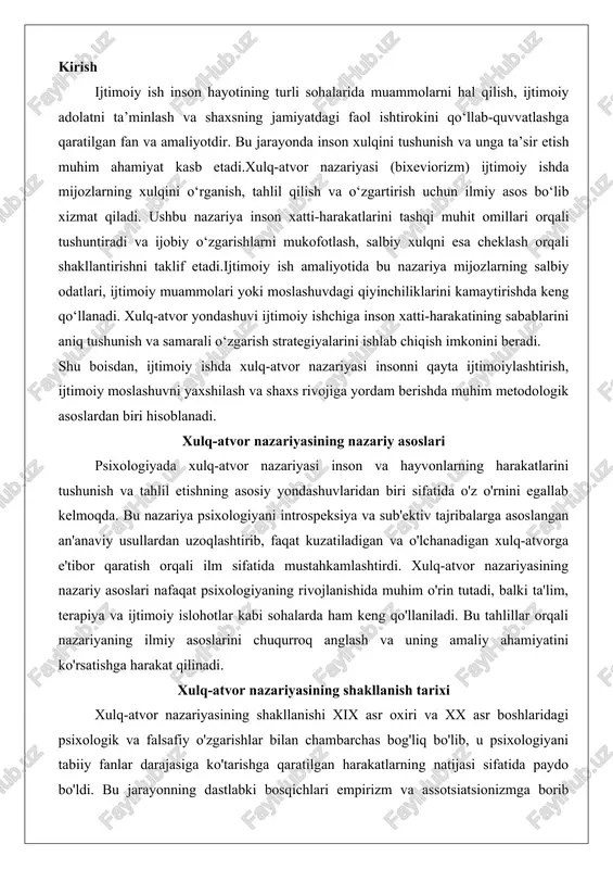 bu tahlillar orqali nazariyaning ilmiy asoslarini chuqurroq anglash va uning amaliy ahamiyatini ko'rsatishga harakat qilinadi. xulq-atvor nazariyasining shakllanish tarixi xulq-atvor nazariyasining shakllanishi xix asr oxiri va xx asr boshlaridagi psixologik va falsafiy o'zgarishlar bilan chambarchas bog'liq bo'lib, u psixologiyani tabiiy fanlar darajasiga ko'tarishga qaratilgan harakatlarning natijasi sifatida paydo bo'ldi. bu jarayonning dastlabki bosqichlari empirizm va assotsiatsionizmga borib taqaladi, chunki buyuk britaniyalik faylasuflar jon lokk va devid gyum kabi mutafakkirlar ongning tabiatini tashqi tajribalar orqali shakllanishi sifatida tasvirlab, psixologiyaning asosiy g'oyalarini qo'ygan edilar. ularning fikricha, inson xulq-atvori atrof-muhitdagi ta'sirlar natijasida shakllanadi, bu esa keyinchalik xulq-atvor nazariyasining asosiy paradigmasi bo'ldi. biroq, nazariyaning haqiqiy shakllanishi xx asr boshlarida, ayniqsa, 1913-yilda amerikalik psixolog jon b. uotsonning psixologiya xulq-atvorchi nuqtai nazaridan maqolasida e'lon qilingan manifesti bilan bog'liq. uotson psixologiyani kuzatiladigan xulq-atvor faniga aylantirishni taklif qilib, introspeksiyani (o'z-o'zini kuzatish) ilmiy emas deb rad etdi va psixologiyani biologiya va fizika kabi fanlar bilan tenglashtirdi.bu o'zgarishning oldingi bosqichida …