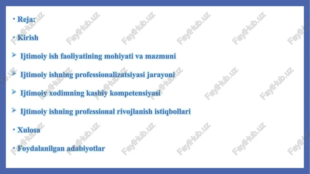 im, ko’nikma va tajribaga ega bo’lishini ta’minlaydi, bu esa xizmat sifatini oshiradi va natijalarni samaraliroq qiladi. ijtimoiy ishning professionalizatsiyasi ijtimoiy ish jamiyatda yuzaga keladigan turli muammolarni hal etishga qaratilgan kasbiy faoliyat turi sifatida belgilanishi mumkin. bu soha insonlarning hayotiy sharoitlarini yaxshilash, ularning huquqlarini himoya qilish va ijtimoiy muvozanatni ta’minlash maqsadida ish yuritadi. ijtimoiy ishning asosiy mohiyati shundaki, u shaxsiy va jamiyat darajasidagi qiyinchiliklarni bartaraf etish orqali umumiy farovonlikka hissa qo’shadi. bu faoliyatning tushunchasi tarixiy jarayonlar natijasida shakllangan bo’lib, dastlab xayriya va yordam ko’rsatish shaklida paydo bo’lgan, keyinchalik esa tizimli va ilmiy asosga ega kasbga aylangan.ijtimoiy ishning rivojlanishi xix asr oxirida g’arb mamlakatlarida boshlangan. masalan, buyuk britaniyada sanoat inqilobi davrida shaharlashtirish va qashshoqlik muammolari kuchayganida, ijtimoiy yordam tizimlari shakllana boshlagan. ijtimoiy xodim faoliyatining maqsad va yo’nalishlari ijtimoiy xodimning faoliyati jamiyatdagi zaif guruhlarga yordam berishga qaratilgan bo’lib, uning asosiy maqsadi inson huquqlarini himoya qilish va ijtimoiy adolatni ta’minlashdir. bu maqsadga erishish uchun …