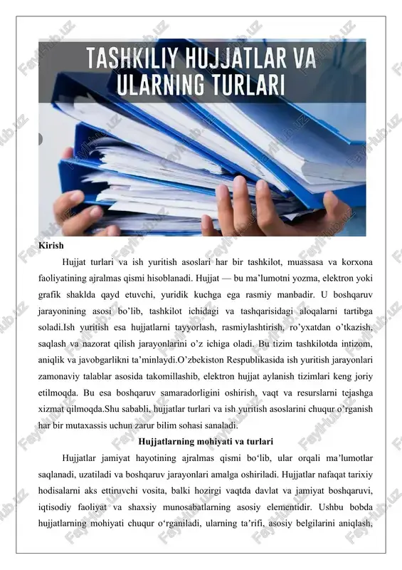 zlik yoki axborot tashuvchi sifatida tushuniladi. bu moddiy buyumlar qogʻoz varaqlar, kinoplyonka, fotoplyonka, magnitofon lentasi, perfokartalar yoki zamonaviy raqamli tashuvchilar shaklida boʻlishi mumkin. hujjatning asosiy mohiyati uning axborotni saqlash va uzatish qobiliyatida yotadi, yaʼni u inson faoliyatining natijasi sifatida maʼlumotlarni mustahkamlangan shaklda ifodalaydi. masalan, qadimiy davrlarda hujjatlar loy lavhalar yoki pergamentlar shaklida boʻlgan boʻlsa, bugungi kunda ular elektron formatda, masalan, pdf fayllar yoki bulutli saqlash tizimlarida mavjud.hujjatning huquqiy taʼrifi esa yanada aniqroq va qatʼiyroqdir. oʻzbekiston respublikasining qonunchiligiga koʻra, normativ-huquqiy hujjat vakolatli davlat organlari yoki mansabdor shaxslar tomonidan qabul qilingan va umummajburiy koʻrsatma sifatida belgilangan huquq normalarini oʻz ichiga olgan hujjatdir. bunda hujjatning huquqiy kuchi uning rasmiy qabul qilinish tartibi va vakolatli organlar tomonidan tasdiqlanishiga bogʻliq. masalan, oʻzbekiston respublikasi konstitutsiyasi eng yuqori huquqiy kuchga ega boʻlgan hujjat sifatida barcha boshqa hujjatlar uchun asos boʻlib xizmat qiladi. hujjatning bunday taʼrifi uning nafaqat axborot, balki majburiy normalar va qoidalarni oʻz ichiga olishini taʼkidlaydi, …