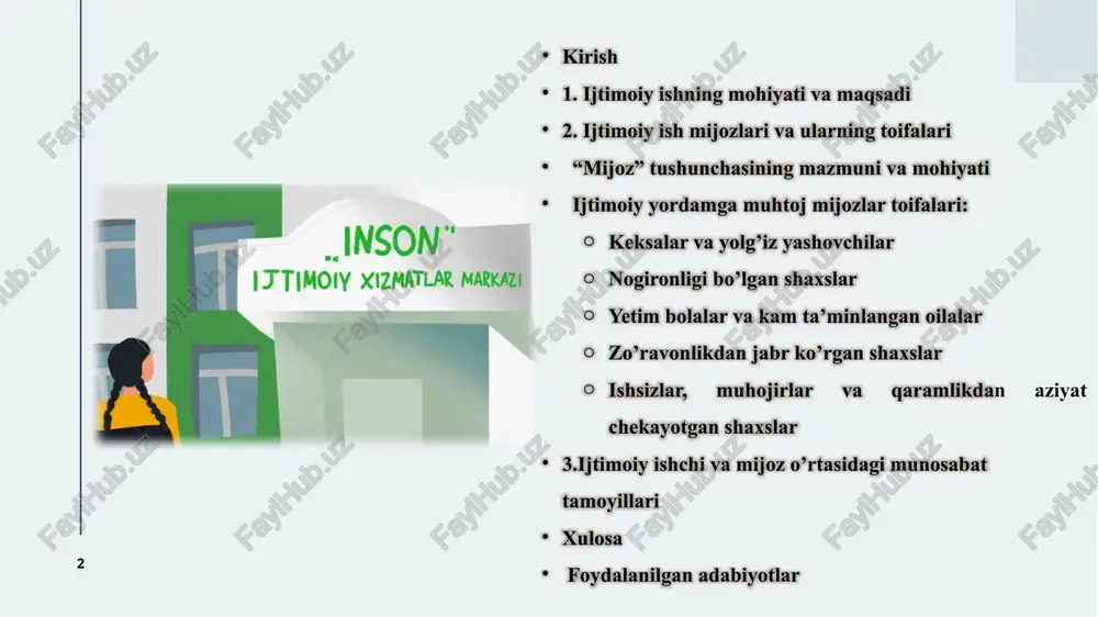 unoslik va tibbiyot kabi boshqa fanlar bilan chambarchas bog’liq bo’lib, ularning yutuqlarini birlashtirib, kompleks yondashuvni taklif etadi.ijtimoiy ishning asosiy vazifalari quyidagilardan iborat: birinchidan, shaxslarning ijtimoiy muammolarini aniqlash va ularni hal etish usullarini ishlab chiqish; ikkinchidan, jamiyatdagi zaif guruhlarning huquqlarini himoya qilish va ularni qo’llab-quvvatlash; uchinchidan, ijtimoiy xizmatlar tizimini takomillashtirish orqali jamiyatning umumiy farovonligini oshirish 6 6 vibor vizualnix sredstv sovershenstvovanie prezentatsii 7 ijtimoiy ishning asosiy tamoyillari (insonparvarlik, adolat, ishonch, maxfiylik) ijtimoiy ish faoliyatida asosiy tamoyillar mavjud bo’lib, ular ishchi va mijoz o’rtasidagi munosabatlarni belgilaydi. insonparvarlik tamoyili insonning qadr-qimmatini hurmat qilish va unga yordam berishni markazga qo’yadi. bu tamoyilga ko’ra, ijtimoiy ishchi har bir shaxsni noyob va hurmatga loyiq deb biladi, uning ehtiyojlarini e’tiborga olgan holda yondashadi. masalan, nogironligi bo’lgan shaxsga yordam berishda, ishchi uning mustaqilligini saqlashga harakat qiladi, shu bilan uning o’zini-o’zi hurmat qilish tuyg’usini oshiradi. ijtimoiy ishchi faoliyati bir necha yo’nalishda amalga oshiriladi. profilaktika yo’nalishi ijtimoiy muammolarni oldini olishga …