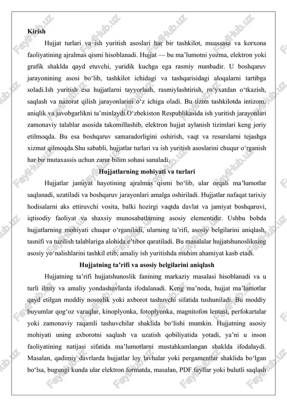 zlik yoki axborot tashuvchi sifatida tushuniladi. bu moddiy buyumlar qogʻoz varaqlar, kinoplyonka, fotoplyonka, magnitofon lentasi, perfokartalar yoki zamonaviy raqamli tashuvchilar shaklida boʻlishi mumkin. hujjatning asosiy mohiyati uning axborotni saqlash va uzatish qobiliyatida yotadi, yaʼni u inson faoliyatining natijasi sifatida maʼlumotlarni mustahkamlangan shaklda ifodalaydi. masalan, qadimiy davrlarda hujjatlar loy lavhalar yoki pergamentlar shaklida boʻlgan boʻlsa, bugungi kunda ular elektron formatda, masalan, pdf fayllar yoki bulutli saqlash tizimlarida mavjud.hujjatning huquqiy taʼrifi esa yanada aniqroq va qatʼiyroqdir. oʻzbekiston respublikasining qonunchiligiga koʻra, normativ-huquqiy hujjat vakolatli davlat organlari yoki mansabdor shaxslar tomonidan qabul qilingan va umummajburiy koʻrsatma sifatida belgilangan huquq normalarini oʻz ichiga olgan hujjatdir. bunda hujjatning huquqiy kuchi uning rasmiy qabul qilinish tartibi va vakolatli organlar tomonidan tasdiqlanishiga bogʻliq. masalan, oʻzbekiston respublikasi konstitutsiyasi eng yuqori huquqiy kuchga ega boʻlgan hujjat sifatida barcha boshqa hujjatlar uchun asos boʻlib xizmat qiladi. hujjatning bunday taʼrifi uning nafaqat axborot, balki majburiy normalar va qoidalarni oʻz ichiga olishini taʼkidlaydi, …