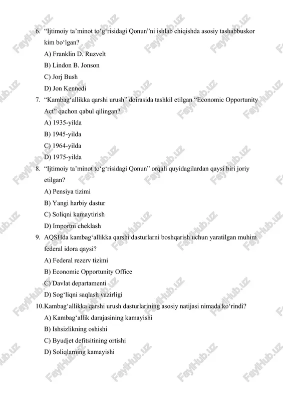 ishsizlarni qo‘llab-quvvatlash 5. b) buyuk jamiyat (great society) 6. a) franklin d. ruzvelt 7. c) 1964-yilda 8. a) pensiya tizimi 9. b) economic opportunity office 10. a) kambag‘allik darajasining kamayishi