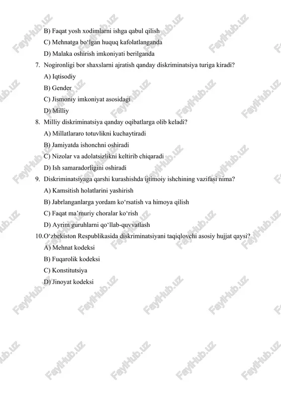 inatsiyani taqiqlovchi asosiy hujjat qaysi? a) mehnat kodeksi b) fuqarolik kodeksi c) konstitutsiya d) jinoyat kodeksi javoblar 1. c 2. a 3. b 4. b 5. b 6. b 7. c 8. c 9. b 10. c