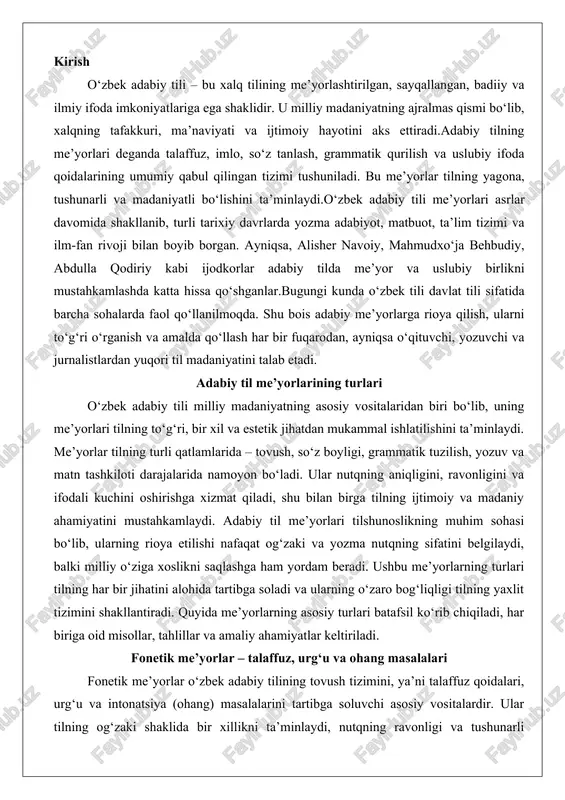 di. ushbu me’yorlarning turlari tilning har bir jihatini alohida tartibga soladi va ularning o‘zaro bog‘liqligi tilning yaxlit tizimini shakllantiradi. quyida me’yorlarning asosiy turlari batafsil ko‘rib chiqiladi, har biriga oid misollar, tahlillar va amaliy ahamiyatlar keltiriladi. fonetik me’yorlar – talaffuz, urg‘u va ohang masalalari fonetik me’yorlar o‘zbek adabiy tilining tovush tizimini, ya’ni talaffuz qoidalari, urg‘u va intonatsiya (ohang) masalalarini tartibga soluvchi asosiy vositalardir. ular tilning og‘zaki shaklida bir xillikni ta’minlaydi, nutqning ravonligi va tushunarli bo‘lishini kafolatlaydi. o‘zbek tilida fonetik me’yorlar tovushlarning fonemalar (eng kichik ma’no ajratuvchi tovush birliklari) sifatida tasnifi, ularning artikulyatsiyasi (aytilishi) va o‘zaro munosabatlarini o‘z ichiga oladi. fonetik tizim 6 ta unli fonema (i, e, a, u, o‘, o) va 24 ta undosh fonemadan (p, b, t, d, k, g, q, g‘, x, h, f, v, s, z, sh, ch, j, ng, m, n, l, r, y) iborat bo‘lib, bu tovushlarning har biri tilning o‘ziga xosligini belgilaydi.unli tovushlar lablanish …