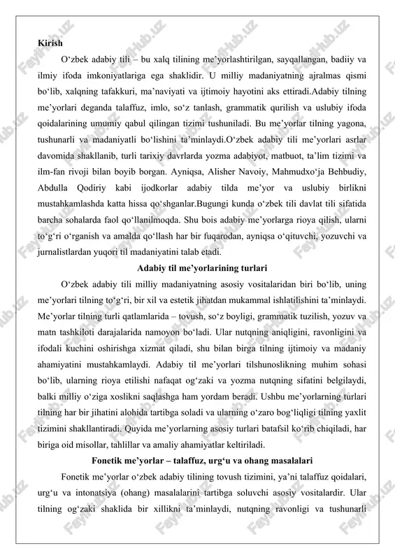 di. ushbu me’yorlarning turlari tilning har bir jihatini alohida tartibga soladi va ularning o‘zaro bog‘liqligi tilning yaxlit tizimini shakllantiradi. quyida me’yorlarning asosiy turlari batafsil ko‘rib chiqiladi, har biriga oid misollar, tahlillar va amaliy ahamiyatlar keltiriladi. fonetik me’yorlar – talaffuz, urg‘u va ohang masalalari fonetik me’yorlar o‘zbek adabiy tilining tovush tizimini, ya’ni talaffuz qoidalari, urg‘u va intonatsiya (ohang) masalalarini tartibga soluvchi asosiy vositalardir. ular tilning og‘zaki shaklida bir xillikni ta’minlaydi, nutqning ravonligi va tushunarli bo‘lishini kafolatlaydi. o‘zbek tilida fonetik me’yorlar tovushlarning fonemalar (eng kichik ma’no ajratuvchi tovush birliklari) sifatida tasnifi, ularning artikulyatsiyasi (aytilishi) va o‘zaro munosabatlarini o‘z ichiga oladi. fonetik tizim 6 ta unli fonema (i, e, a, u, o‘, o) va 24 ta undosh fonemadan (p, b, t, d, k, g, q, g‘, x, h, f, v, s, z, sh, ch, j, ng, m, n, l, r, y) iborat bo‘lib, bu tovushlarning har biri tilning o‘ziga xosligini belgilaydi.unli tovushlar lablanish …