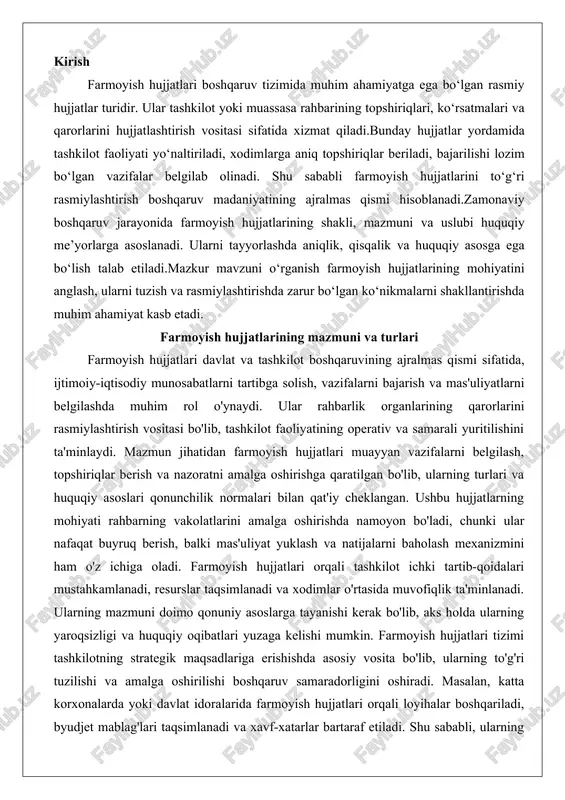 dalari mustahkamlanadi, resurslar taqsimlanadi va xodimlar o'rtasida muvofiqlik ta'minlanadi. ularning mazmuni doimo qonuniy asoslarga tayanishi kerak bo'lib, aks holda ularning yaroqsizligi va huquqiy oqibatlari yuzaga kelishi mumkin. farmoyish hujjatlari tizimi tashkilotning strategik maqsadlariga erishishda asosiy vosita bo'lib, ularning to'g'ri tuzilishi va amalga oshirilishi boshqaruv samaradorligini oshiradi. masalan, katta korxonalarda yoki davlat idoralarida farmoyish hujjatlari orqali loyihalar boshqariladi, byudjet mablag'lari taqsimlanadi va xavf-xatarlar bartaraf etiladi. shu sababli, ularning mazmuni nafaqat amaliy, balki huquqiy jihatdan ham mukammal bo'lishi lozim, chunki har bir hujjat rahbarning vakolatlari doirasida chiqarilishi va pastki darajadagi organlar tomonidan bajarilishi majburiy. farmoyish hujjatlarining tushunchasi va ularning asosiy belgilari farmoyish hujjatlari – bu rahbarlik organlari yoki vakolatli shaxslar tomonidan qabul qilinadigan, muayyan masalalarni hal qilishga qaratilgan huquqiy hujjatlar bo'lib, ular boshqaruv jarayonida direktiv xususiyatga ega. tushuncha mohiyatiga ko'ra, farmoyish hujjatlari davlat boshlig'i, ijro etuvchi hokimiyat organlari yoki tashkilot rahbari tomonidan vakolatlar doirasida chiqariladigan qarorlar shaklini bildiradi. ular tez hal qilinishi …
