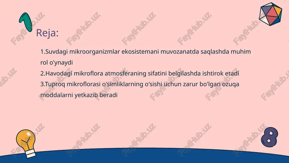boshqa ozuqalarni organik shaklga aylantirib, o'simliklar uchun qulay holga keltiradi. • tuproq unumdorligini oshirish - mikroflora o'simlik ildizlariga yaqin joyda yashab, tuproq unumdorligini oshiradi va ekologik muvozanatni qo'llab-quvvatlaydi. • o'simlik o'sishida mikrofloraning o'rni - mikroflora o'simliklarning o'sishi va rivojlanishi uchun zarur bo'lgan asosiy yordamchi hisoblanadi. u doimiy ta'minotni ta'minlaydi. suvdagi bakteriyalar organik moddalarni parchalashda samarali ishlaydi • suvdagi bakteriya faoliyati - suvda yashovchi bakteriyalar mikrobiologik jarayonlar orqali organik moddalarni parchalashda muhim rol o'ynaydi, ular tabiiy ekosistemalarni mo'tadillashishiga yordam beradi. • organik moddalarni parchalash jarayoni - bakteriyalar organik moddalarni fermentlar yordamida mayda tarkibiy qismlarga ajratadi va ularni ozuqa sifatida ishlatadi, bu esa biologik muvozanatni saqlaydi. havodagi mikroorganizmlar allergik reaktsiyalarni keltirib chiqarishi mumkin • mikroorganizmlarning havoda tarqalishi - havoda bakteriyalar, zamburug'lar va boshqa mikroorganizmlar mavjud. ular chang zarralariga qo'shilgan holda harakat qiladilar va odamlar nafas olganida ichki tizimga kirishi mumkin. • allergik reaktsiyalarning sabablari - havoda tarqaladigan mikroorganizmlar allergen sifatida harakat qiladi. …