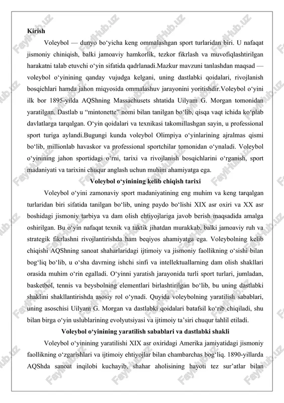 a tanilgan bo‘lib, uning paydo bo‘lishi xix asr oxiri va xx asr boshidagi jismoniy tarbiya va dam olish ehtiyojlariga javob berish maqsadida amalga oshirilgan. bu o‘yin nafaqat texnik va taktik jihatdan murakkab, balki jamoaviy ruh va strategik fikrlashni rivojlantirishda ham beqiyos ahamiyatga ega. voleybolning kelib chiqishi aqshning sanoat shaharlaridagi ijtimoiy va jismoniy faollikning o‘sishi bilan bog‘liq bo‘lib, u o‘sha davrning ishchi sinfi va intellektuallarning dam olish shakllari orasida muhim o‘rin egalladi. o‘yinni yaratish jarayonida turli sport turlari, jumladan, basketbol, tennis va beysbolning elementlari birlashtirilgan bo‘lib, bu uning dastlabki shaklini shakllantirishda asosiy rol o‘ynadi. quyida voleybolning yaratilish sabablari, uning asoschisi uilyam g. morgan va dastlabki qoidalari batafsil ko‘rib chiqiladi, shu bilan birga o‘yin uslublarining evolyutsiyasi va ijtimoiy ta’siri chuqur tahlil etiladi. voleybol o‘yinining yaratilish sabablari va dastlabki shakli voleybol o‘yinining yaratilishi xix asr oxiridagi amerika jamiyatidagi jismoniy faollikning o‘zgarishlari va ijtimoiy ehtiyojlar bilan chambarchas bog‘liq. 1890-yillarda aqshda sanoat inqilobi kuchayib, shahar …