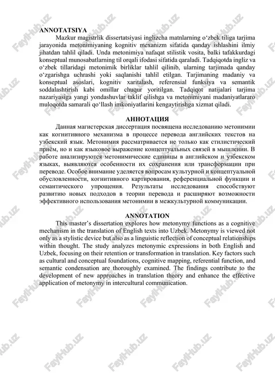 a linguistic reflection of conceptual relationships within thought. the study analyzes metonymic expressions in both english and uzbek, focusing on their retention or transformation in translation. key factors such as cultural and conceptual foundations, cognitive mapping, referential function, and semantic condensation are thoroughly examined. the findings contribute to the development of new approaches in translation theory and enhance the effective application of metonymy in intercultural communication. mundarija kirish ............................................................................................................ 5 i.bob. metonimiyaning lingvistikadagi o‘rni 1.1. metonimiyaning ta’rifi va xususiyatlari .................................................. 12 1.2. metonimiya – diskursiv hodisa sifatida o‘rganilishi ............................... 24 i bob bo‘yicha xulosa ......................................................................................... 35 ii.bob. metonimiyaning ekstralingvistik jihatlari 2.1. til va kognitsiya orasidagi bog‘liqlik ......................................................... 38 2.2. metonimiyaning pragmalingvistik tadqiqi ................................................. 46 ii bob bo‘yicha xulosa ....................................................................................... 54 iii.bob. tarjima amaliyotida metonimiyaning ifodalanish xususiyatlari 3.1. “alvido, qurol” asarida metonimiyaning lingvosemantik tahlili ............... 56 3.2. badiiy matn tarjimasida metonimiyaning ifodalanishi: lingvomadaniy-konseptual tahlil ................................................................................................ 63 iii bob bo‘yicha xulosa ..................................................................................... …