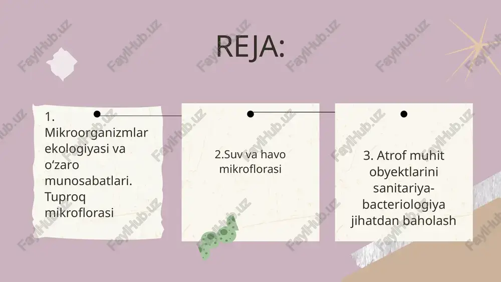 kroflorasi kirishi mumkin, lekin bu mikroorganizmlar tuproqda ko’paymaydi va malim davrgacha saqlanib turishi mumkin. tuproqda doimiy yashaydigan rezident mikroblar: 1. clostiridium botuinium 2. teri osti mikozini keltirib chiqaruvchi actinomyces 3. mikotaksikozlar suv mikroflorasi suv mikroflarasi majmuasini mikroblar planktoni deb ham ataladi. suvning maxsus mikroflorasiga: micrococcus candicanis, sarcina lutea, clostridium, chromobakterium kiradi. alloxton florasini esa asosan suvga tashqi muhitdan tushgan mikroorganizmlar tashkil qiladi.ularga tulyaremiya, iyesinozlar leptospirozlar viruslardan gepatit a va b safroblik termini suv havzasidagi umumiy xususiyatlar va suvdagi mikroblar tarkibi miqdori va suvdagi malum organik va anorganik moddalarning konsentraratsiyasini belgilaydi. ifloslanish darajasiga qarab suv havzalarida polisafrob, mezosafrob, oligosafrob zonalar qabul qilingan. havo mikroflorasi suv va tuproqdan farqli o’laroq havoda mikroblar faqat hayot qobiliyatini vaqtincha saqlab turadi. bu mikroflorada doimo (rezident) topiluvchi: sarcina flava va alba; bacillus subtilis; actinomyces va penicillin; mucor zamburug’lari uchraydi. sporadik doimo topilmaydigan ( suv va chang zarralari bilan tushuvchi) mikroorganizmlar ham uchraydi. patogen mikroorganizmlar og”iz bo’shlig’i …
