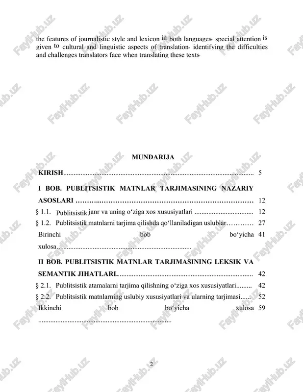 lari............................................................................... 42 § 2.1. publitsistik atamalarni tarjima qilishning oʻziga xos xususiyatlari......... 42 § 2.2. publitsistik matnlarning uslubiy xususiyatlari va ularning tarjimasi...... 52 ikkinchi bob boʻyicha xulosa ............................................................................. 59 iii bob. publitsistik matnlarning tarjima muammolari…………………………………………………………….. 60 § 3.1. madaniy jihatlar va ularning publitsistik matnlarni tarjima qilishdagi roli.......................................................................................................... 60 § 3.2. kontekstning tarjimada moslashtirilishi................................................... 65 uchinchi bob boʻyicha xulosa.............................................................................. 75 xulosa............................................................................................................. 76 foydalanilgan adabiyotlar roʻyxati...................................... 83 kirish “odamlarning yangilik va tahlillarga boʻlgan ehtiyojini toʻldirmasak, buni boshqalar qiladi”[footnoteref:1] [1: sh.m. mirziyoyevning xavfsizlik kengashining kengaytirilgan yigʻilishida soʻzlagan nutqidan iqtibos // url: https://www.gazeta.uz/oz/2024/01/13/media/ ] sh.m. mirziyoyev zamonaviy dunyoda, madaniyatlar oʻrtasidagi chegaralar globalizatsiya tufayli tobora shaffoflashib borayotgan bir paytda, axborot almashinuvini muhim rol oʻynaydi. jumladan, maqolalar, reportajlar va tahliliy materiallar kabi publitsistik matnlar jamoatchilik fikrini va madaniy tasavvurlarni shakllantirishda oʻrni beqiyos. «jonajon oʻzbekistonimiz oʻz taraqqiyotining yangi va muhim bosqichiga qadam qoʻyayotgan hozirgi davrda media sohasi vakillari – jurnalist va muharrirlar, rejissyor va operatorlar, blogerlar, teleradio kanallar, …
