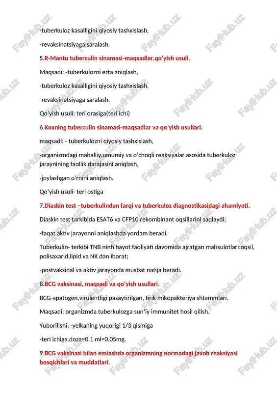 ni aniqlashda yordam beradi. tuberkulin- terkibi tnb ninh hayot faoliyati davomida ajratgan mahsulotlari:oqsil, polisaxarid,lipid va nk dan iborat; -postvaksinal va aktiv jarayonda musbat natija beradi. 8.bcg vaksinasi, maqsadi va qo’yish usullari. bcg-apatogen,virulentligi pasaytirilgan, tirik mikopakteriya shtammlari. maqsadi: organizmda tuberkulozga sun’iy immunitet hosil qilish. yuborilishi: -yelkaning yuqorigi 1/3 qismiga -teri ichiga.doza=0.1 ml=0.05mg. 9.bcg vaksinasi bilan emlashda organizmning normadagi javob reaksiyasi bosqichlari va muddatlari. 2-4 hafta-qizarish 4-6 hafta-papula 6-8 hafta-pustula 8 hafta-po’stloq 2-3 oy- chandiq 10.infeksion nazoratning vazifalari va bosqichlari. 11.tuberkulozning maxsus profilaktika usuli. 12.aholining infitsirlanish epidemiologic ko’rsatgichi qanday aniqlanadi. infitsirlanish- mantu sinamasi oʻtkazilganda tuberkulinga musbat reaksiya bergan tekshiriluvchilarni umumiy tekshiriluvchilarga nisbatan foiz koʻrsatgichi(%) 13.kasallanish kasallanish- bir yil davomida 1- marta aniqlangan tuberkuloz bemorlar sonini 100.000 aholiga nisbati 14. kasalmandlik kasalmandlik- bir yil davomida faol oʻpka tuberkulozi bilan kasallangan bemorlar sonini 100.000 aholiga nisbati 15. o’lim oʻlim koʻrsatgichi- 1 yil davomida tuberkulozdan oʻlganlar sonini 100.000 aholiga nisbati 16.tuberkuloz kasalligida immunitet turlari va …