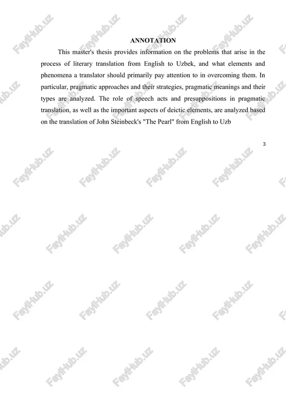 muammolar 14 badiiy tarjimadagi turli yondashuvlar (skopos nazariyasi, dinamik ekvivalentlik) va ularning pragmatik ma’no jihatlari 14 tarjima va pragmatika o‘rtasidagi muammolar va pragmatik yondashuv strategiyalari 28 birinchi bob yuzasidan xulosalar 41 bob. badiiy tarjimada ekvivalent kuch, presuppozitsiyalar va implikaturalar 42 nutq aktlari va ularning lingvopragmatik tahlili (jon steynbek “javohir” qissasi misolida) 42 pragmatik tarjimada yashirin ma’no (presuppozitsiya)lar va implikaturalarning qo‘llanilishi (jon steynbek “javohir” qissasi misolida) 52 ikkinchi bob yuzasidan xulosalar 70 bob. pragmatik tarjimada deyksis hodisasi va madaniy referentlar 72 deyksis hodisasi va madaniy referentlarning pragmatik tarjimada ifodalanishi 72 deyksis va madaniy referentning pragmatik tarjimalari (jon steynbek “javohir” qissasi misolida ) 81 uchinchi bob yuzasidan xulosalar 84 umumiy xulosa 85 foydalanilgan adabiyotlar ro‘yxati 86 kirish magistrlik dissertatsiyasi mavzusining asoslanishi va uning dolzarbligi. yurtimizda olib borilayotgan islohatlarda “mamlakatimizda bir necha xorijiy tillarni biluvchi zamonaviy kadrlar tayyorlash, xorijiy tillar bo‘yicha ilmiy ishlar olib borish, til o‘rgatish metodologiyasini takomillashtirish” ustuvor vazifalardan biri sifatida …