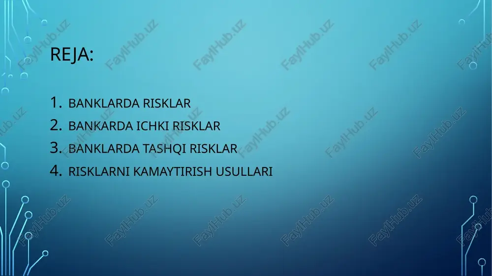 flyatsiya, valyuta kursi o‘zgarishi, ishsizlik darajasi kabi omillar bilan bog‘liq. 2. siyosiy risk – siyosiy beqarorlik, hukumat siyosatidagi o‘zgarishlar, xalqaro sanksiyalar kabi holatlar. 3. huquqiy risk – qonunchilikdagi tez-tez o‘zgarishlar, normativ hujjatlar bilan bog‘liq noaniqliklar. 4. bozor riski – aksiyalar, obligatsiyalar, valyuta va tovar bozoridagi narxlarning keskin o‘zgarishi. 5. tabiiy va ekologik risk – tabiiy ofatlar, pandemiyalar, ekologik falokatlar tufayli yuzaga keladigan zarar. 4.risklarni kamaytirish usullari risklarni kamaytirish usullari banklar risklarni boshqarish va kamaytirish uchun quyidagi usullardan foydalanadi: 1. diversifikatsiya – aktiv va investitsiyalarni turli sohalar, mijozlar yoki mintaqalar o‘rtasida taqsimlash. 2. sug‘urta tizimi – risklarni sug‘urta kompaniyalari orqali kafolatlash. 3. garov va kafillik – kredit operatsiyalarida garov mulkini talab qilish. 4. limitlash – kredit miqdori, valyuta operatsiyalari yoki sarmoyalar uchun cheklovlar belgilash. 5. stress-test va monitoring – bozor sharoitlaridagi o‘zgarishlarga tayyorgarlik ko‘rish, muntazam nazorat o‘tkazish. 6. ichki audit va nazorat tizimi – ichki xatolarni erta aniqlash va tuzatish mexanizmlarini …