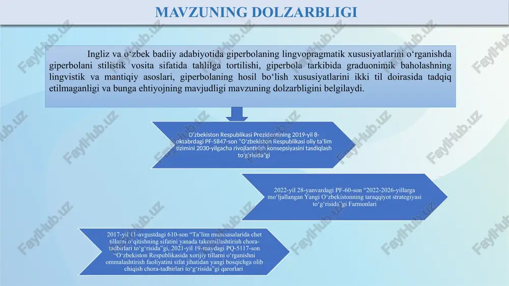 gvistik va pragmatik xususiyatlarini tavsiflash; 3. ingliz va o‘zbek adabiyotida giperbolaning funksiyalarini qiyosiy tahlil qilish; 4. giperbola qo‘llanilishiga ta’sir qiluvchi madaniy va lingvistik omillarni aniqlash; ilmiy tadqiqot ishlarida giperbola va uning nutqda, frazeologik birliklarda, tilshunoslikda qo‘llanishiga doir tahliliy ma’lumotlar keltirilgan sh. a.abdurahmonov, j.b.qoraboyev, m.mirtojiyev, t. sabitova, s. mirzaxalilova, i.o.parmonov, n.e. abdullaeva, e. n. mustyatsa, yu. i.borisenko, r. carston va c. wearing, l. cano mora, c. burgers, b.c brugman, k.y lavalette, g.j steen. muammoning o‘rganilganlik darajasi olib borilgan ilmiy izlanishlar, adabiyotlar tahlili giperbolaning badiiy san’atlardagi o‘rni, frazeologik birliklarda ifodalanishi, tilshunoslikda qo‘llanishiga doir ayrim tahliliy ma’lumotlar keltirilganligini bildiradi. biroq bu ma’lumotlar ingliz va o‘zbek badiiy adabiyotida giperbolaning lingvopragmatik xususiyatlarini o‘rganish zaruratini ko‘rsatmoqda. 6 tadqiqot usullari madaniyatlar bo‘yicha giperbolani qo‘llashdagi o‘xshashlik va farqlarni aniqlashda qiyosiy usul tadqiqot maqsadiga erishish uchun giperbola va uning adabiyotdagi funksiyalari haqidagi nazariy ma'lumotlarni tizimlashtirish uchun ta’riflash usuli har bir kontekstda giperbolaning pragmatik funksiyalarini izohlashda sifatli tahlil usuli ingliz …