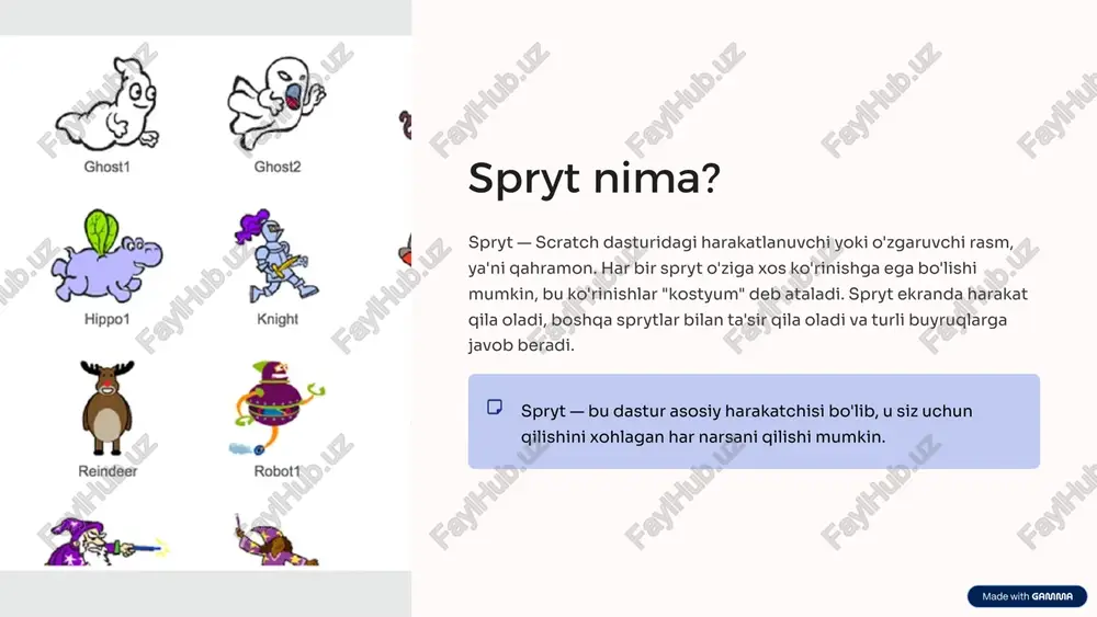 a oshiring: mushuk sprytini harakatlantiring "harakat" bo'limidagi bloklari foydalanib, mushukni ekranda siljiting. tegmoq sensorini qo'shing "sensorlar" bo'limidan "tegmoqda" blokini tanlang — bu mushuk boshqa sprytga tegsa, o'sha sprytning kostyumini o'zgartiradi. ko'rinish o'zgartirish ikkinchi spryt kostyumini o'zgartirish buyruqlarini qo'shing, masalan xarakat yoki rang o'zgarishi. 7 amaliy topshiriq: kostyumlarni almashtirish o'yini quyidagi o'yinni yaratib ko'ring: bo'sh joy tugmasi bo'sh joy tugmasi bosilganda, ikkita spryt o'z kostyumlarini almashtirsin. transformatsiya olma spryti bananga, banana spryti olmaga aylanadi — bu ikkita sprytning kostyumlarini almashtirish orqali amalga oshiriladi. animatsiya effekti kostyumlarni tez tez almashtirish orqali qiziqarli va tezkor animatsiya yaratiladi. 8 scratchda vaqt bilan ishlash vaqt bloki "nazorat" bo'limidan "kutish" blokini qo'shib, kostyumlar orasidagi vaqtni sozlash mumkin. masalan, 0.5 sekund kutib, keyin kostyum almashtirilsa, animatsiya yanada jonli va tabiiy bo'ladi. vaqt blokini to'g'ri sozlash animatsiyaning haligini belgilaydi. tez almashtirilsa jerkinarcha ko'rinadi, asta-sekin bo'lsa esa astayin qiladi. 9 xulosa va keyingi qadamlar 1 asosiy tushunchalar spryt va …
