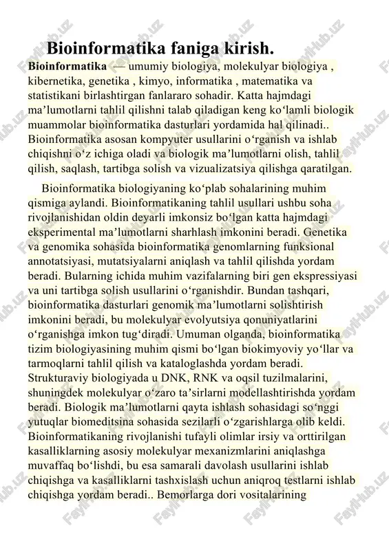 asalliklarni tashxislash uchun aniqroq testlarni ishlab chiqishga yordam beradi.. bemorlarga dori vositalarining samaradorligi va salbiy taʼsirini bashorat qilishga imkon beruvchi tadqiqot yoʻnalishi farmakogenetika deyiladi. farmakogenetikaning asosi bioinformatika usullariga tayangan. bioinformatikaning asosiy maqsadi biologik jarayonlarni tushunishga hissa qoʻshishdir. bioinformatikani boshqa biologiya yoʻnalishlaridan ajratib turadigan jihati shundaki, u ushbu maqsadga erishish uchun intensiv hisoblash usullarini yaratish va qoʻllashga qaratilgan. shunga oʻxshash usullarga misollar namunani aniqlash, maʼlumotlarni olish, mashinani oʻrganish algoritmlari va biologik maʼlumotlarni vizualizatsiya qilishdir. tadqiqotchilarning asosiy saʼy-harakatlari ketma-ketlikni moslashtirish, genlarni topish (genlarni kodlovchi dnk mintaqasini qidirish), genomni dekodlash, dori-darmonlarni loyihalash, dori-darmonlarni ishlab chiqish, oqsil tuzilishini moslashtirish, oqsil tuzilishini bashorat qilish, genlar ifodasini bashorat qilish muammolarini hal qilishga qaratilgan va oqsil-oqsil oʻzaro taʼsiri, genom boʻylab assotsiatsiyalarni izlash va evolyutsiyani modellashtirish hisoblanadi. blast dasturi va uning ishlatilinishi. blast (basic local alignment search tool – asosiy gomologik ketma-ketliklarni bazadan izlash dasturi) bu kompyuter dasturlaridan biri bo’lib, u oqsil tarkibidagi aminokislotalarni yoki dnk tarkibidagi nuklein …