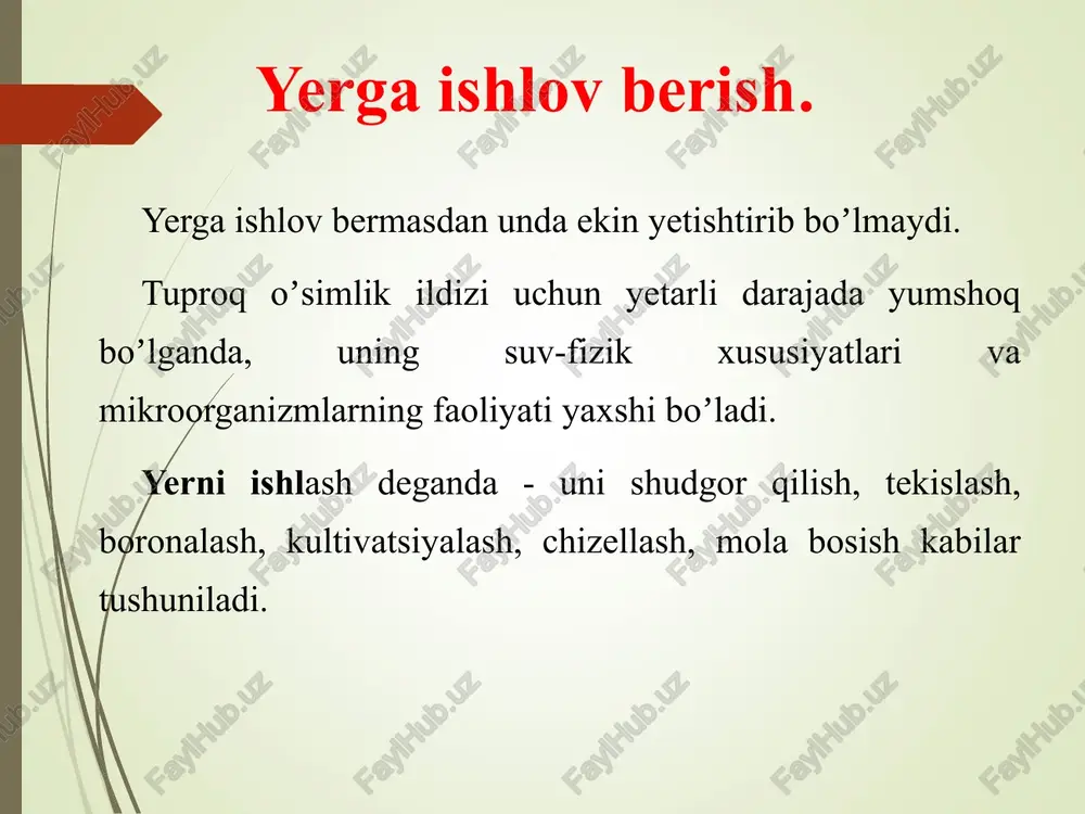 hilikda yerni tekislashning ekin ekish va uni parvarish qilish uchun ahamiyati katta,bunda sifatli ekish, sugʼorish, parvarish qilish uchun sharoit yaratiladi. yer haydash sifati qaysi omillarga bogʼliq? yer haydalganda agʼdarilayotgan qatlamlar 1350-1450 qiyalikda bir-biriga yonboshlasa qatlam chala, qatlam 1800 agʼdarilsa toʼliq agʼdarilgan hisoblanadi. yerni haydash sifati plug agʼdargich (otval)larining shakliga bogʼliq. ular vintsimon, silindrsimon, yarim vintsimon va madaniy boʼladi. qanday ag’dargichli pluglar mavjud? yarim vintsimon yer haydash usullari yer asosan 2 usulda: yaʼni aylanma yoki shaklli va taxta (zagon) larga boʼlib haydaladi. aylanma yoki shaklli haydash uchastkaning oʼrtasi yoki chekkasidan boshlanadi. bunda plug qayrilishlarda haydash chuqurligidan koʼtarilmaydi, haydash esa uchastkaning oʼrtasi yoki chetida tugallanadi. bu usulda haydash chuqurligi hamma yerda bir tekis boʼlmaydi. shuning uchun dehqonchilikda aylanma yoki shaklli haydash usuli man etilgan. dala toʼgʼri taxtalarga - zagonlarga boʼlib haydalganda sifatli boʼladi. traktorning salt yurishini marza va egatlar sonini kamaytirish uchun taxtaning eni 40-80 m boʼlgani yaxshi. yer soatiga 7-7,5 km …
