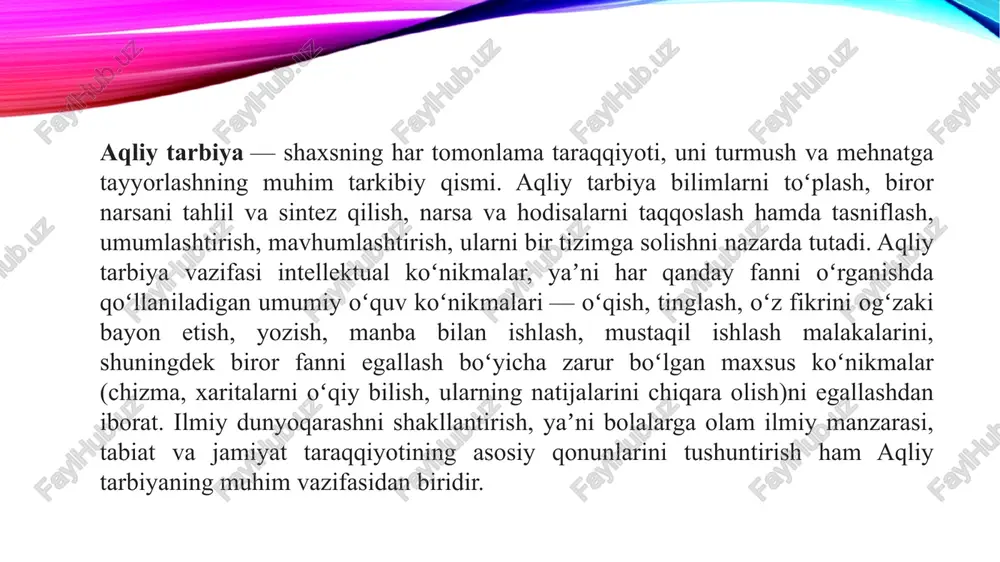 urish - yasash jarayonida amalga oshirib boriladi. bolaning aqliy rivojlanishiga ta’lim va tarbiya samarali ta’sir ko‘rsatadi. maktabgacha tarbiya yoshidagi bolalarga aqliy tarbiya berishni to‘g‘ri tashkil etish uchun ularning aqliy rivojlanish qonuniyatlari va imkoniyatlarini bilish kerak. aqliy tarbiyaning vazifasi uning mazmuni, metodi va tashkil etilishiga qarab belgilanadi. pedagogika va psihologiya fani aqliy tarbiya berish vazifalarini samarali hal etishda, bir tomondan, bolaning imkoniyatlaridan unumli foydalanish, ikkinchi tomondan, bola organizmining umumiy charchashiga sabab bo‘lishi mumkin bo‘lgan ortiqcha toliqtirish bo‘lmasligi yo‘llarini topish uchun maktabgacha tarbiya yoshidagi bolalarning aqliy rivojlanishi qonuniyatlari va imkoniyatlarini o‘rganish bilan shug‘ullanadi. maktabgacha tarbiya yoshining oxiriga kelib, bolalar tevarak atrof to‘g‘risida kattagina hajmdagi eng oddiy bilim va tushunchalarga ega bo‘ladilar, asosiy fikrlash jarayonlarini egallab oladilar. faqat yaxshi tashkil etilgan faoliyat jarayonidagina to‘laqonli aqliy rivojlanish ro‘y beradi, shuning uchun o‘qituvchi va tarbiyachilarning asosiy vazifasi -bolaga muayyan maqsadni ko‘zlab tarbiyaviy ta’sir ko‘rsatish uchun kerakli sharoit yaratishdir. maktabgacha tarbiya pedagogikasi yosh avlodni aqliy tarbiyalash …