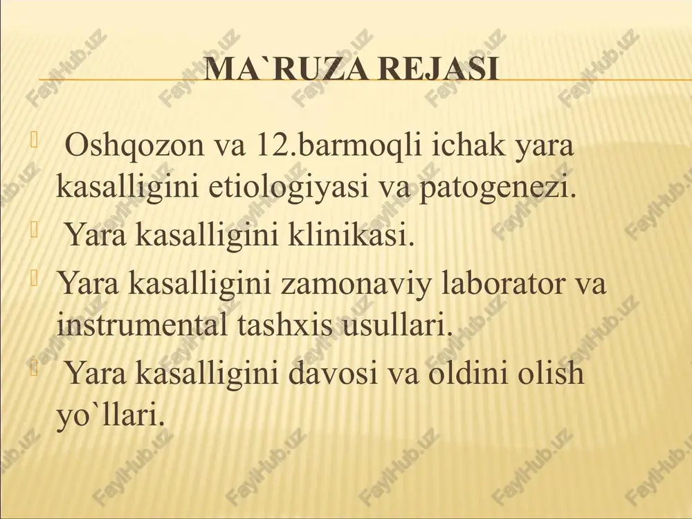 di patogenezi (davomi 1) oshqozon yarasini patogenezini sxemasi: 1. h. pylori oshqozonni shilliq qavatiga kiradi va epittelial hujayralarga joylashib oladi; 2. bakterialar oshqozon kislotalik muhitini neytrolizasiya qilib mochevinani ammiakga aylanishini katolizasiya qiladi; 3. bakteriyalar ko`payadi, tarqaladi va infeksion markaz hosil qiladi; 4. bulaning natijasida shilliq qavat buziladi, yallig`lanish jarayoni va epiteliy hujayralarini nobut bo`lish natijasida yara hosil bo`ladi. yara kasalligi tasnifi kasallikning umumiy tasnifi`: i. oshqozon yara kasalligi a) oshqozonni kardial qismini zararlanishi; b) oshqozonni kichik egriligini zararlanishi; v) oshqozonni pilorik qismini zararlanishi. ii. 12 barmoq ichak yara kasalligi a) piyozchaning yarasi; b) piyozcha osti bo`limning yarasi; v) yaraning noaniq joylashishi. yara kasalligi tasnifi klinik shakillari: 1. o`tkir yoki birlamchi aniqlangan. 2. surunkali kechshi: 1. latent. 2. kam qaytalanuvchi (1 marotaba 4 – 5 yilda). 3. o`rta qaytalanuvchi (1 marotaba 2 – 3 yilda). 4. tez-tez qaytalanuvchi (yiliga 1 marotaba va ko`proq). yara kasalligi tasnifi yara kasalligini hurujlanish fazalari: 1. …