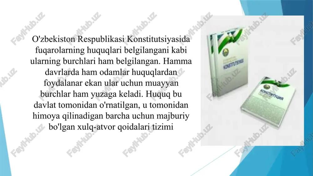 boshqa faoliyatlari bo'yicha ko'plab burchlar belgilangan. konstitutsiyada esa jamiyat va davlat hayoti uchun umumiy va eng zarur, qilinishi majburiy yoki qilinishi mumkin bo'lmagan xatti-harakatlar burch sifatida belgilangan. shuning uchun ular mazmuni, amal qilish doirasi, ahamiyati nuqtai nazaridan asosiy burchlar, deb ataladi. fuqarolarning "konstitutsiyaviy burchi" yoki "asosiy burchi" bir manoda ishlatiladi va tushuniladi. asosiy burchlarning bajarilishidan jamiyat a'zolari, davlat birdek manfaatdordir. yana burchlarning ixtiyoriy va to'la bajarilishi jamiyat rivojlanishiga ijobiy ta'sir qiladi. vaholanki, konstitutsiyada belgilangan har qanday burch fuqarolar uchun bajarilishi shart hisoblanadi. xuddi huquqlarsiz burchlar bo'lmagani kabi, burchlarsiz huquqlar ham bo'lmaydi. o‘zbekiston konstitutsiyasining xi bobi “fuqarolarning burchlari” deb nomlangan bo‘lib, undagi burchlar fuqarolarning konstitutsiyaviy huquqlari qatori ularning huquqiy maqomining asosiy belgisi hisoblanadi. agar huquq shaxsga o‘z harakatining turi va me’yorini tanlab olish imkoniyatini beradigan bo‘lsa, burch huquqiy normalarda belgilangan talablarni bajarishni taqozo etadi. davlat fuqarolar zimmasiga asosiy burchlarni yuklashi, ularning mazmuni va ko‘lamini batafsil bayon qiluvchi hujjatlarni ishlab chiqishni, burchlarni …