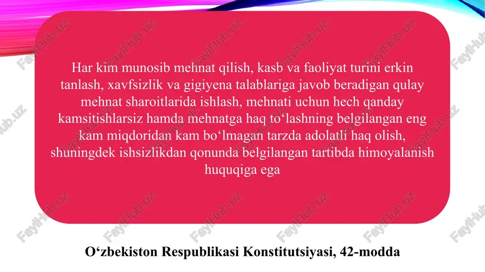 h darajasidan qat’i nazar, mehnat sohasidagi muayyan inson huquqlariga rioya qilishini ta’minlash maqsadida 1998-yilda xmtning mehnat sohasidagi asosiy prinsiplar va huquqlar to‘g‘risidagi deklaratsiyasi qabul qilindi deklaratsiya mehnat sohasidagi asosiy prinsiplar va huquqlarning beshta toifasini o‘z ichiga oladi: birinchidan, jamoaviy muzokaralar olib borish va birlashish erkinligiga bo‘lgan huquqi tan olish; ikkinchidan, zo‘rlab ishlatish yoki majburiy mehnatning barcha shakllarini bekor qilish; uchinchidan, bolalar mehnatini taqiqlash; to‘rtinchidan, mehnat va kasb-hunar sohasida kamsitishlarga yo‘l qo‘ymaslik; beshinchidan, xavfsiz va sog‘lom mehnat muhitini yaratish. xmtning asosiy konvensiyalari: • 1930-yilgi zo‘rlab ishlatish yoki majburiy mehnat to‘g‘risidagi konvensiya (29-son); • 1930-yilgi majburiy mehnat to‘g‘risidagi 29-sonli konvensiyaga bayonnoma; • 1948-yilgi birlashmalar erkinligi va kasaba uyushmalariga birlashish huquqini himoya qilish to‘g‘risidagi konvensiya (87-son); • 1949-yilgi jamoa muzokaralarini tashkil etish va yuritish huquqi to‘g‘risidagi konvensiya (98-son); • 1951-yilgi teng haq to‘lash to‘g‘risidagi konvensiya (100-son); • 1957-yilgi majburiy mehnatni tugatish to‘g‘risidagi konvensiya (105-son); • 1958-yilgi mehnat va ish turlari sohasida kamsitish to‘g‘risidagi …