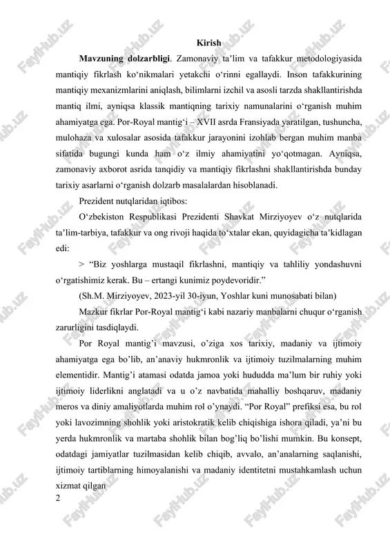 tuzilmasidan kelib chiqib, avvalo, an’analarning saqlanishi, ijtimoiy tartiblarning himoyalanishi va madaniy identitetni mustahkamlash uchun xizmat qilgan tarixan, por royal mantig’i odatda avloddan-avlodga o’tadigan va mahalliy boshqaruvdagi muhim figuralar bo’lib kelgan. ular jamoa bilan hukmronlar o’rtasida ko’prik vazifasini bajarib, an’analarni saqlash, nizolarni hal qilish va muhim diniy-marosimlarni o’tkazish kabi vazifalarni bajarishgan. shu bilan birga, bu lavozimlar koloniya davrida va mustaqillikdan keyingi davrda ham o’zgarib, yangi ijtimoiy va siyosiy sharoitlarga moslashgan. zamonaviy davrda esa, por royal mantig’i konseptining ahamiyati, uning an’anaviy qadriyatlarni saqlashdagi roli va madaniy farovonlikni ta’minlashdagi o’rni bilan bog’liq bo’lib qolmoqda. bu savol, uning tarixiy rivojlanishi, madaniy davomiylikda tutgan o’rni va hozirgi kunlardagi ahamiyati haqida keng qamrovli izlanishlarni talab etadi. ushbu ilmiy izlanishning maqsadi, por royal mantig’ining kelib chiqishi va tuzilishini o’rganishdan iborat bo’lib, uning ijtimoiy, madaniy va diniy kontekstlarda qanday shakllanganini aniqlashga qaratilgan. bu borada, avvalo, uning tarixiy ildizlari, an’analardagi o’rni va zamonaviy jamiyatdagi holati tahlil qilinadi. bundan tashqari, …