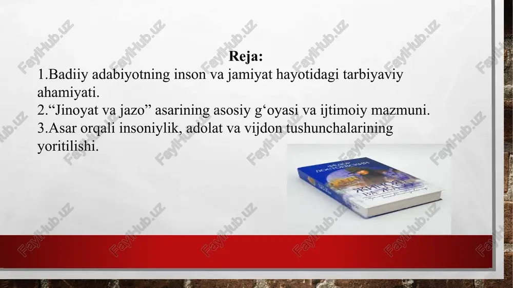 rozsiz qabul qiladilar. oddiy odamlarni asar syujeti, undagi vaziyat, voqea va harakatlar qiziqtirsa, o'tkir aql sohiblari uchun esa muallif mahorati, tili, bilimi, ma'naviy saviyasi muhim. “jinoyat va jazo” — 1865—1866-yillarda fyodor dostoyevskiy tomonidan yozilgan ijtimoiy-psixologik, ijtimoiy-falsafiy roman. dastlab 1866-yilda “russkiy vestnik” jurnalida nashr etilgan. bir yil o‘tgach, alohida nashr chop etilib, jurnal tarkibi bilan taqqoslaganda uning tuzilishi biroz o‘zgartirildi; bundan tashqari, muallif kitob versiyasiga bir qator qisqartirishlar va uslubiy o‘zgartishlar kiritgan. 1880-yillarda asar fransuz, nemis, shved, ingliz, polyak, venger, italyan, norveg va fin tillariga tarjima qilingan. asar jahon adabiy jarayoniga juda katta ta’sir ko‘rsatgan. romanda sobiq talaba rodion romanovich raskolnikov tomonidan sodir etilgan jinoyat va uning oqibatlari haqida hikoya qilinadi jinoiy ong romanning eng muhim xususiyatlaridan biri qahramonlar psixologiyasining chuqurlashishidir. bunda ichki dunyo ham tashqi dunyo kabi muhimdir. qahramonlar tavsifi va ichki dialoglar inson psixologiyasiga nisbatan yangi yondashuvni ochib beradi. hikoyadagi bosh qahramon – sankt-peterburgdagi kichkina xonadonda yashovchi sobiq talaba …